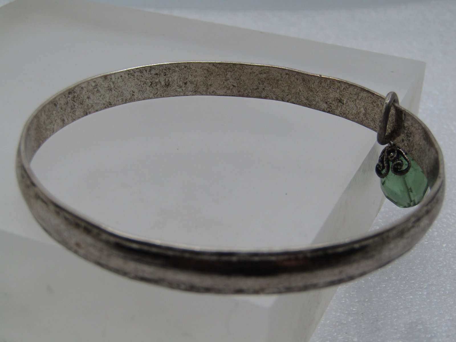 Vintage Bangle Bracelet Green Faceted Dangle, 8", 1980's-1990's - 6