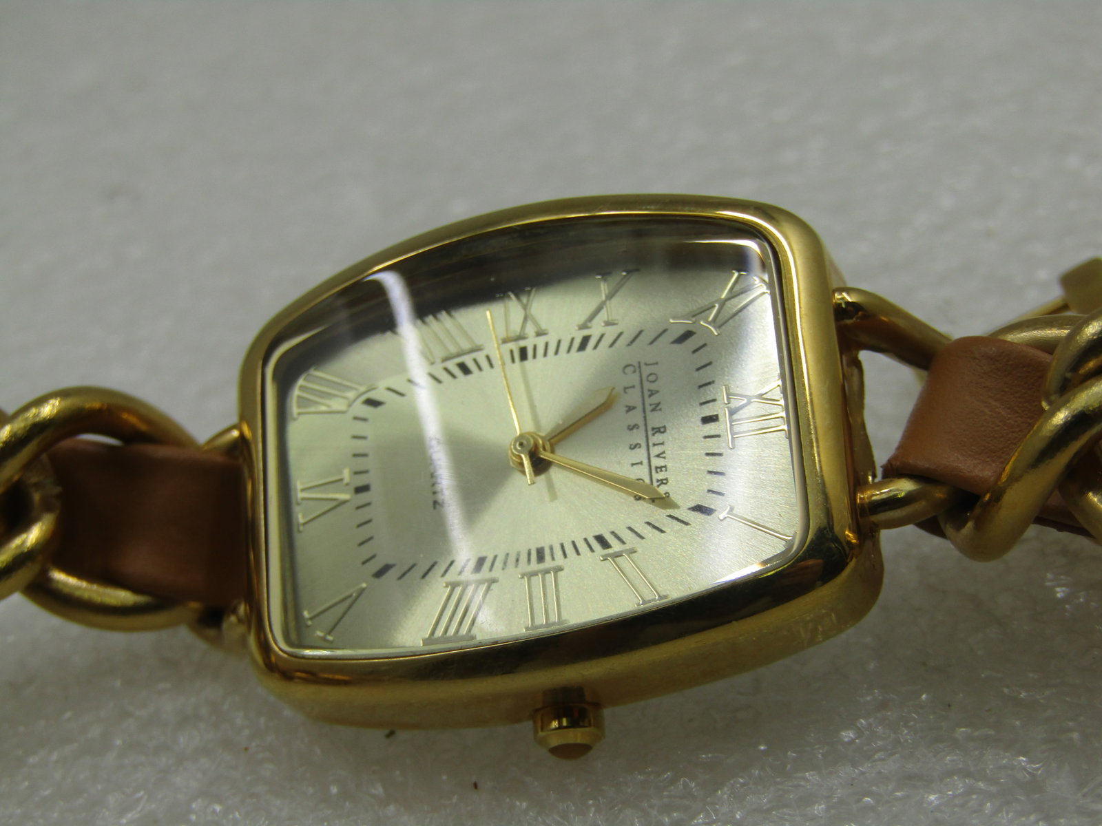 Vintage Joan Rivers Gold Tone Quartz Watch, Leather Weave, 7" - 6