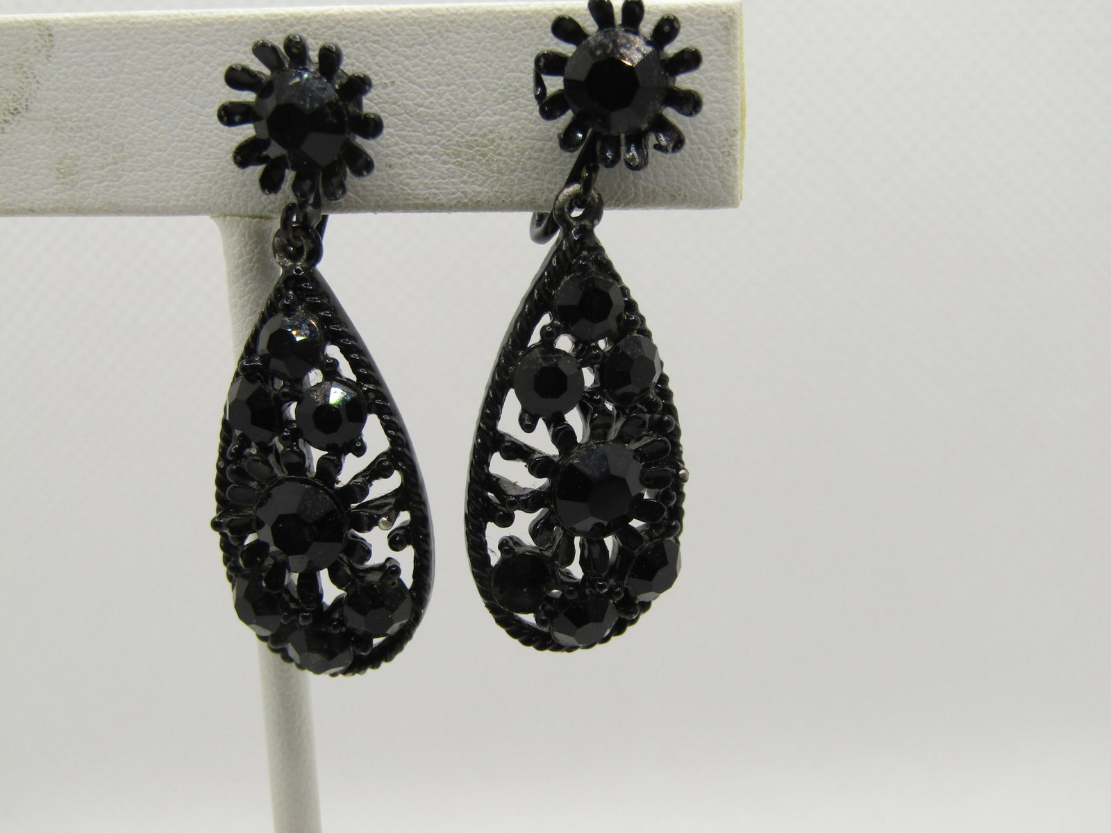 Vintage Black Rhinestone Stud & Dangle Earrings, Clip: Title: Vintage Black Rhinestone Stud & Dangle Earrings, Clip Description: Vintage Black Rhinestone Stud & Dangle Earrings, Clip, black enameled with a blossom stud with black rhinestone and a