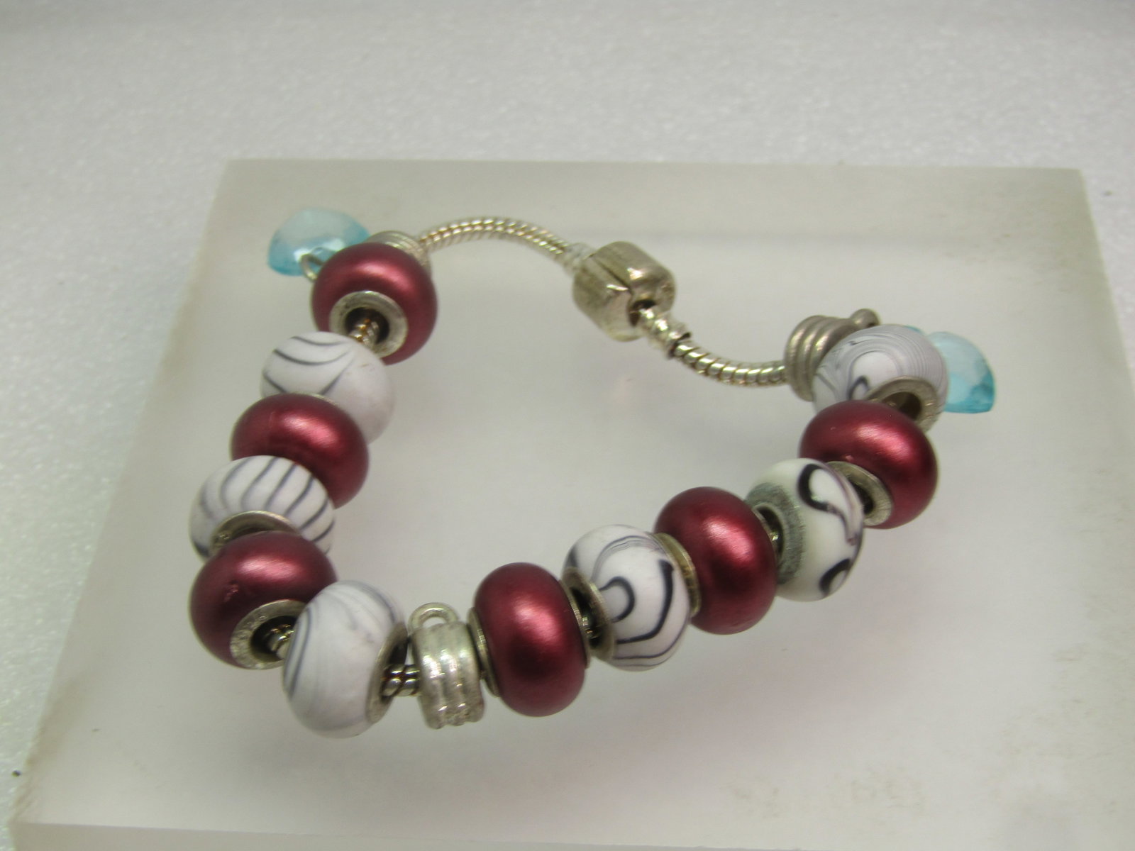 Maroon and Striped Slide Beaded Bracelet, Blue Glass Hearts, 7", 1990's (1 of 6)