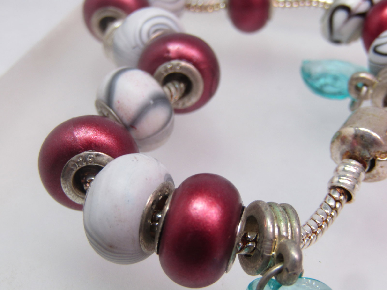Maroon and Striped Slide Beaded Bracelet, Blue Glass Hearts, 7", 1990's - 4