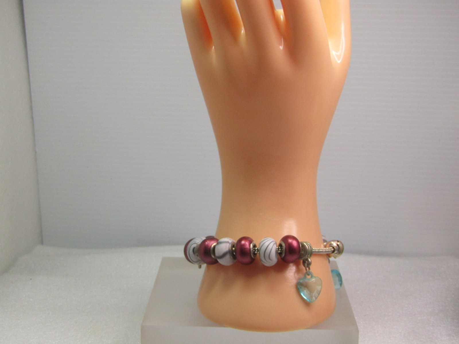Maroon and Striped Slide Beaded Bracelet, Blue Glass Hearts, 7", 1990's - 6