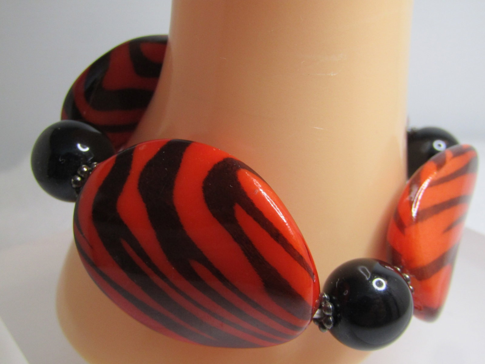 Red/Black Zebra Striped Chunky Bracelet, Stretch 7"+, 1980's - 2