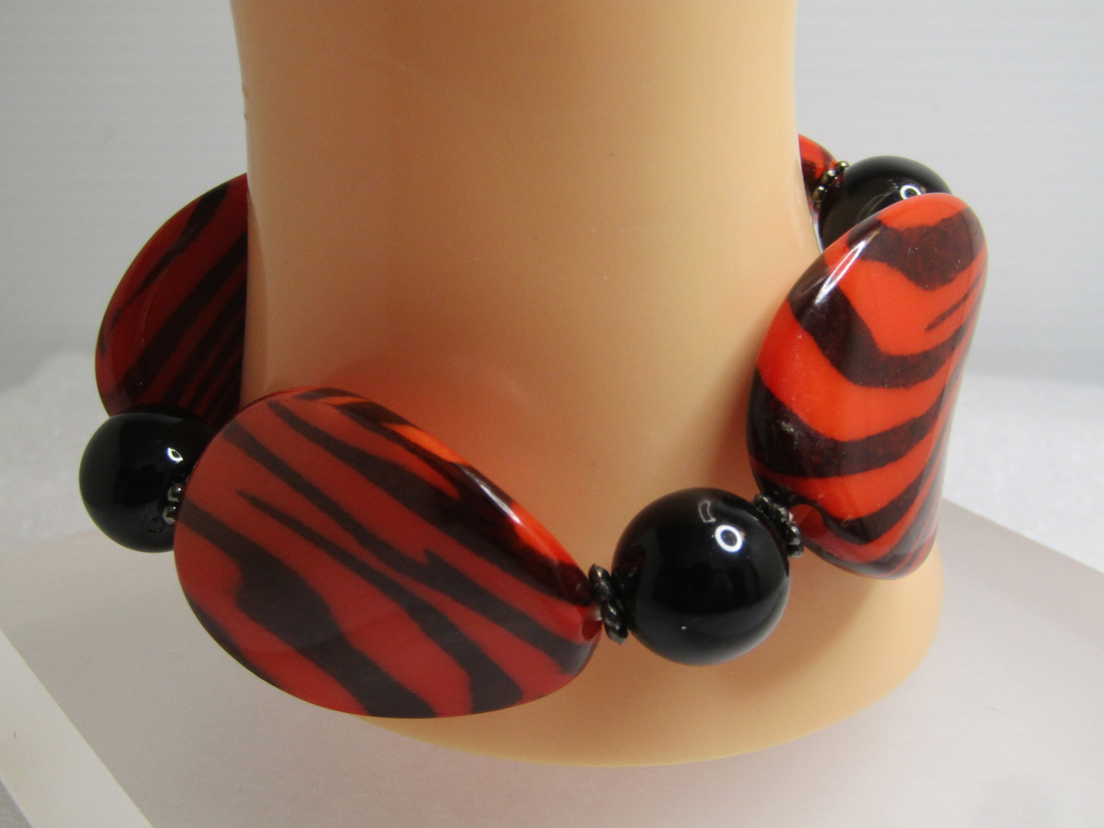 Red/Black Zebra Striped Chunky Bracelet, Stretch 7"+, 1980's - 3