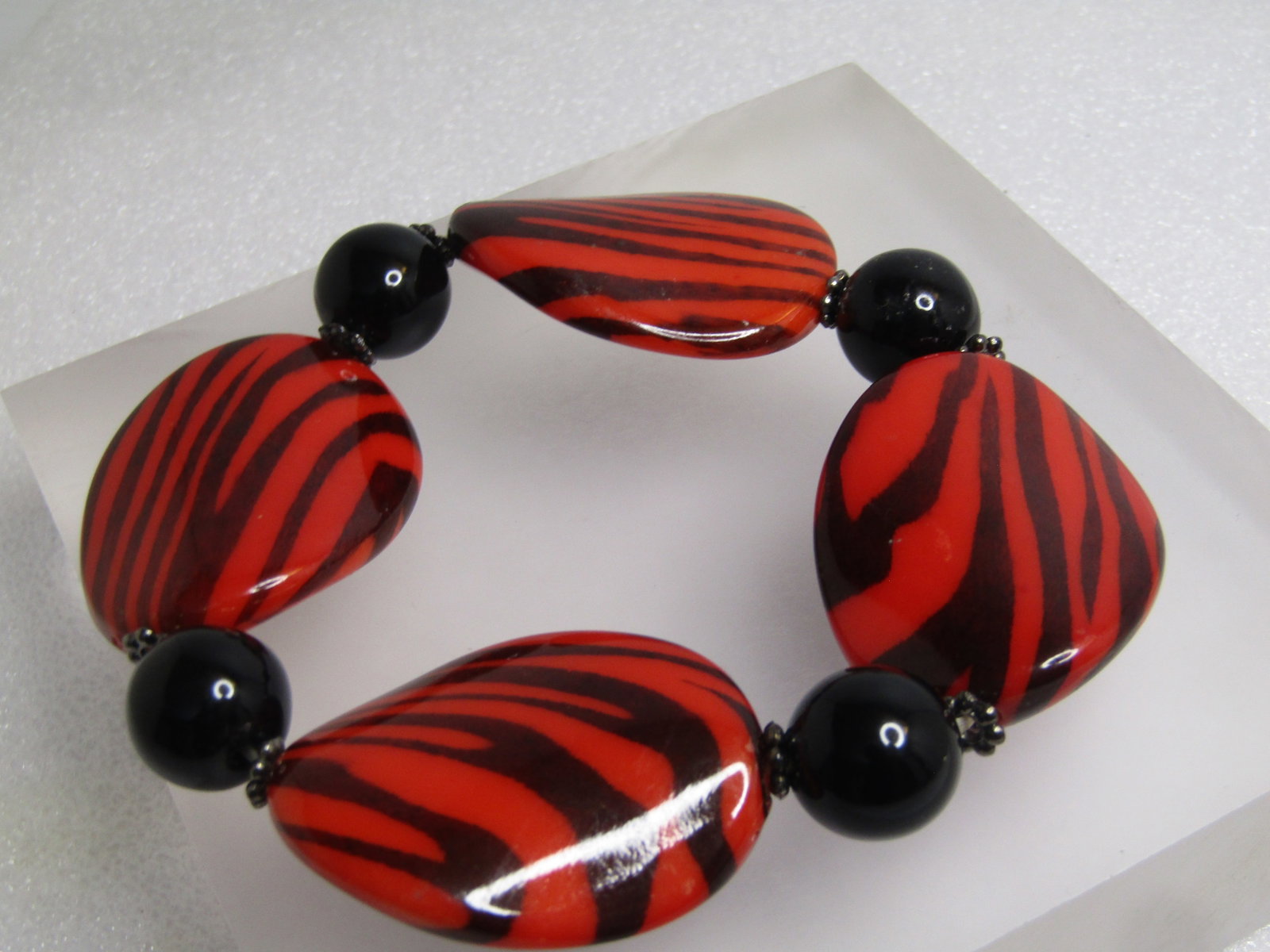 Red/Black Zebra Striped Chunky Bracelet, Stretch 7"+, 1980's - 4