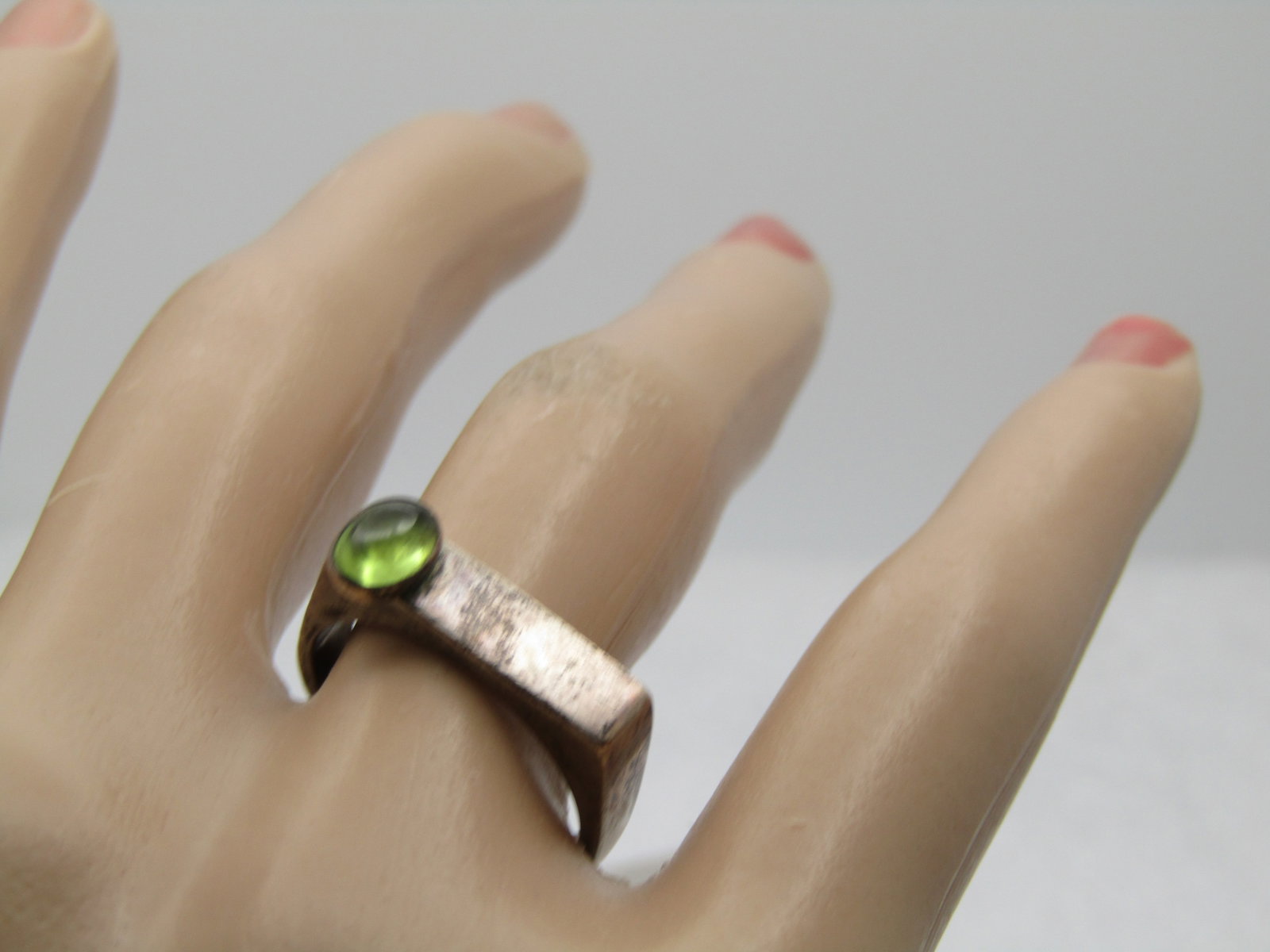Vintage Sterling Peridot Mod Ring, Sz. 7 Flat Top, 1970's-1980's - 7