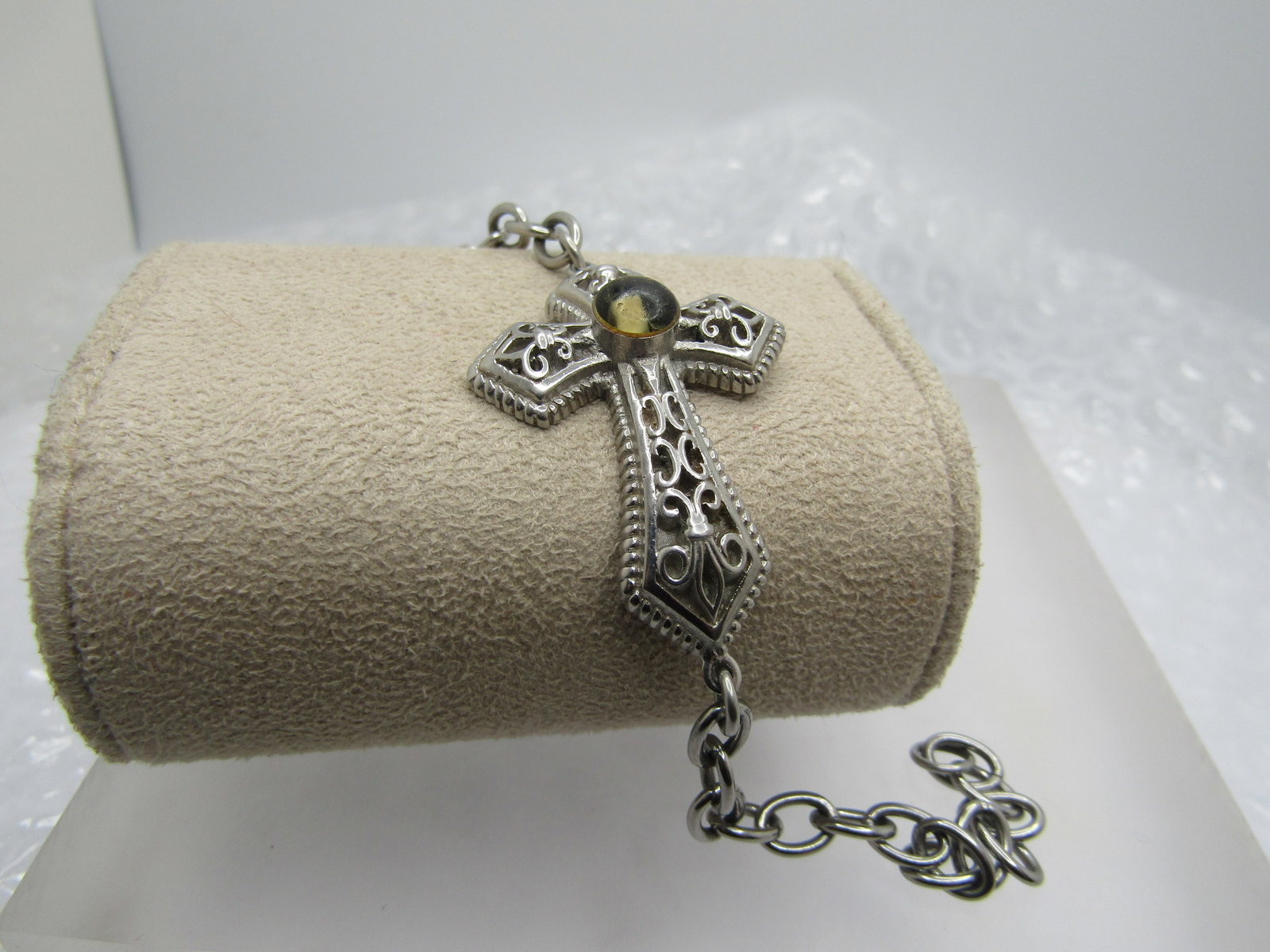 Vintage Filigree Cross Bracelet, 7.5", Faux Relic in Cross, 1990's (1 of 6)