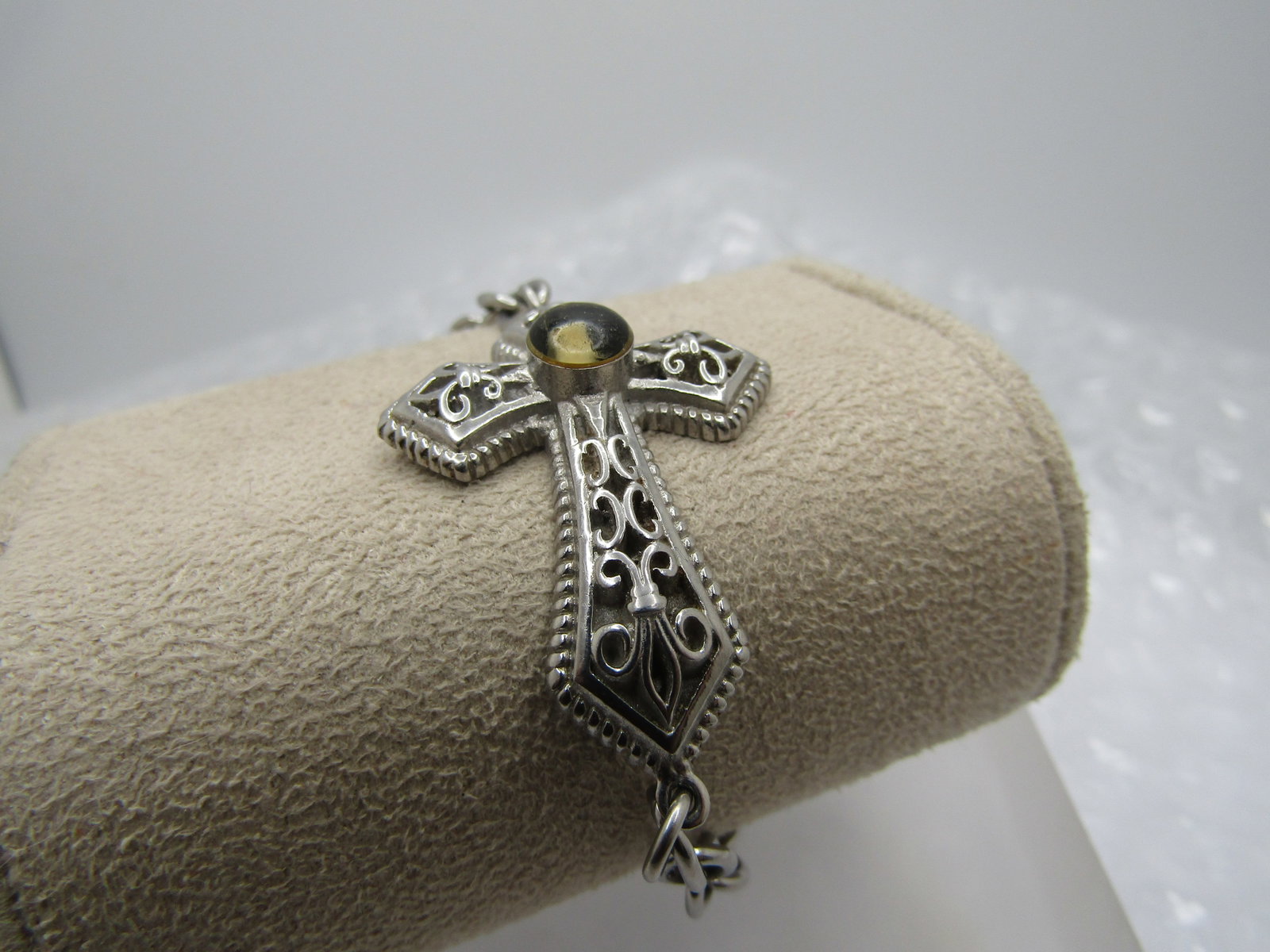Vintage Filigree Cross Bracelet, 7.5", Faux Relic in Cross, 1990's - 2