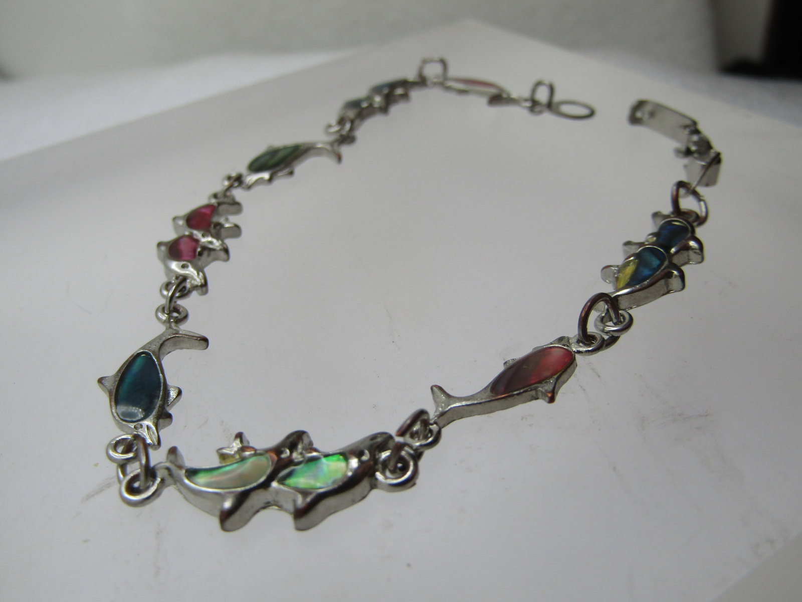 Vintage Dolphin Link Bracelet, Paua, Abalone, 7.75", 1970's-1980's - 2