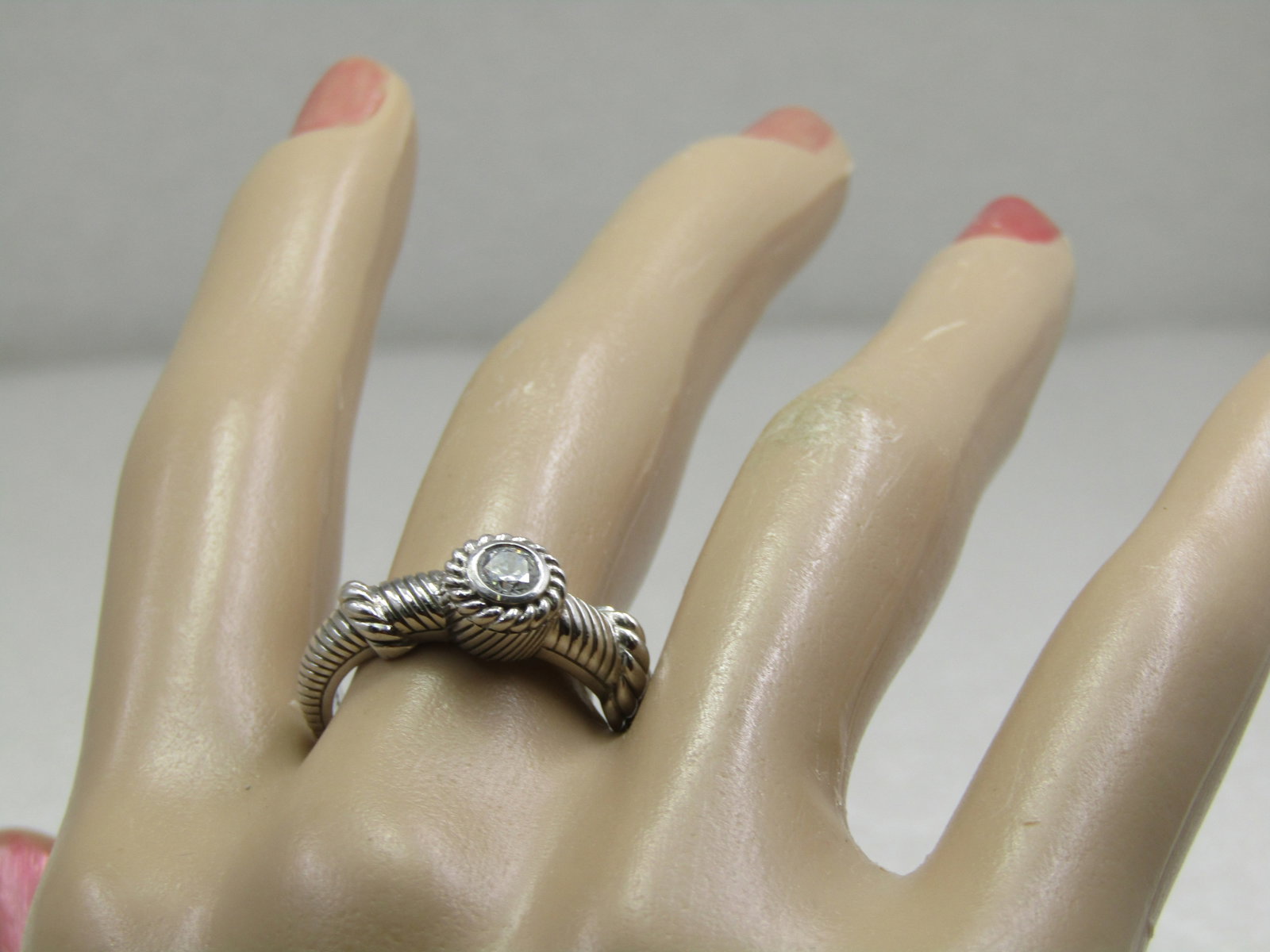 Sterling Contemporary Judith Ripka CZ Ring, Sz. 8, Cable/Rope Accents - 8