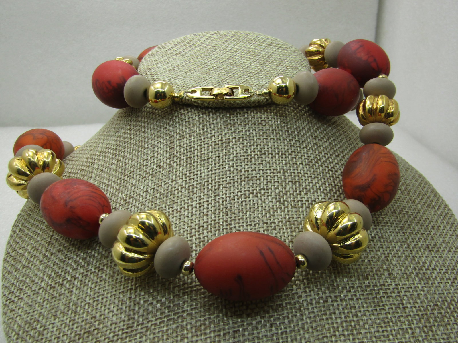 Vintage Costume Tribal Necklace, 30", Chunky, Gold, Salmon, Tan, Napier signed (1 of 6)