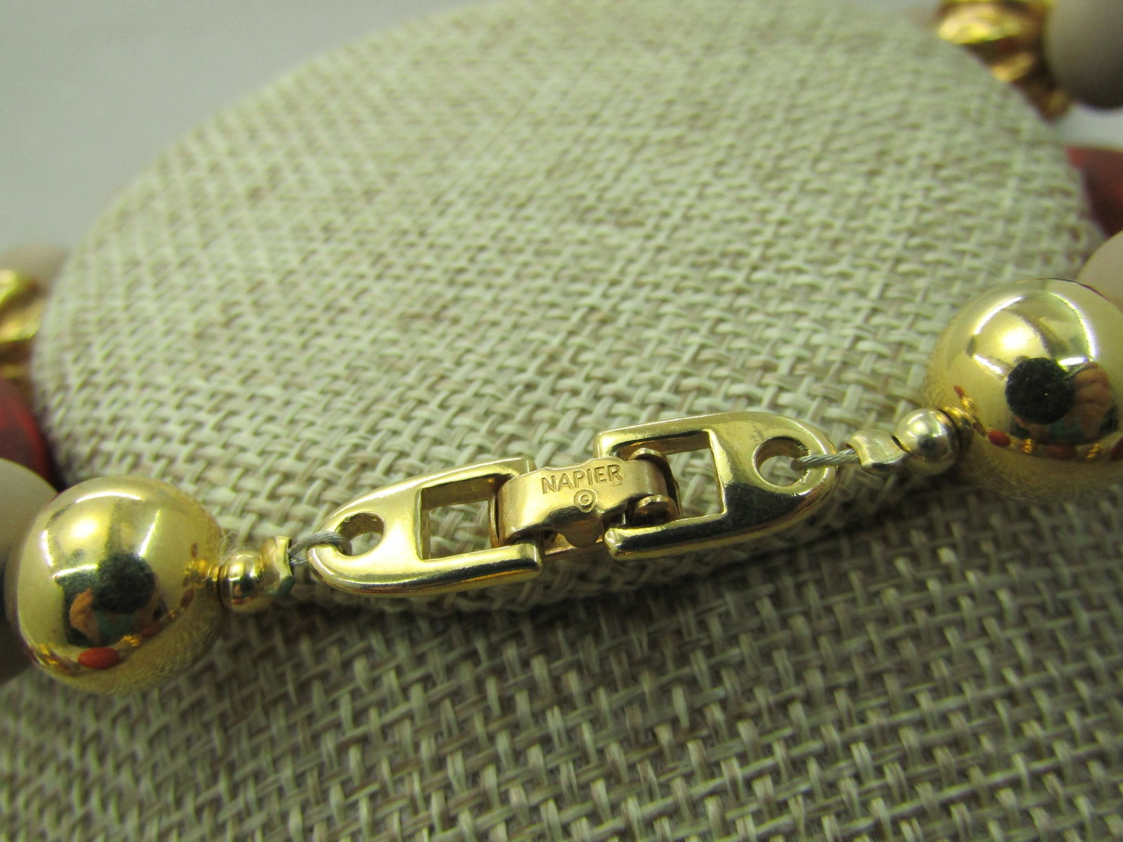 Vintage Costume Tribal Necklace, 30", Chunky, Gold, Salmon, Tan, Napier signed - 2