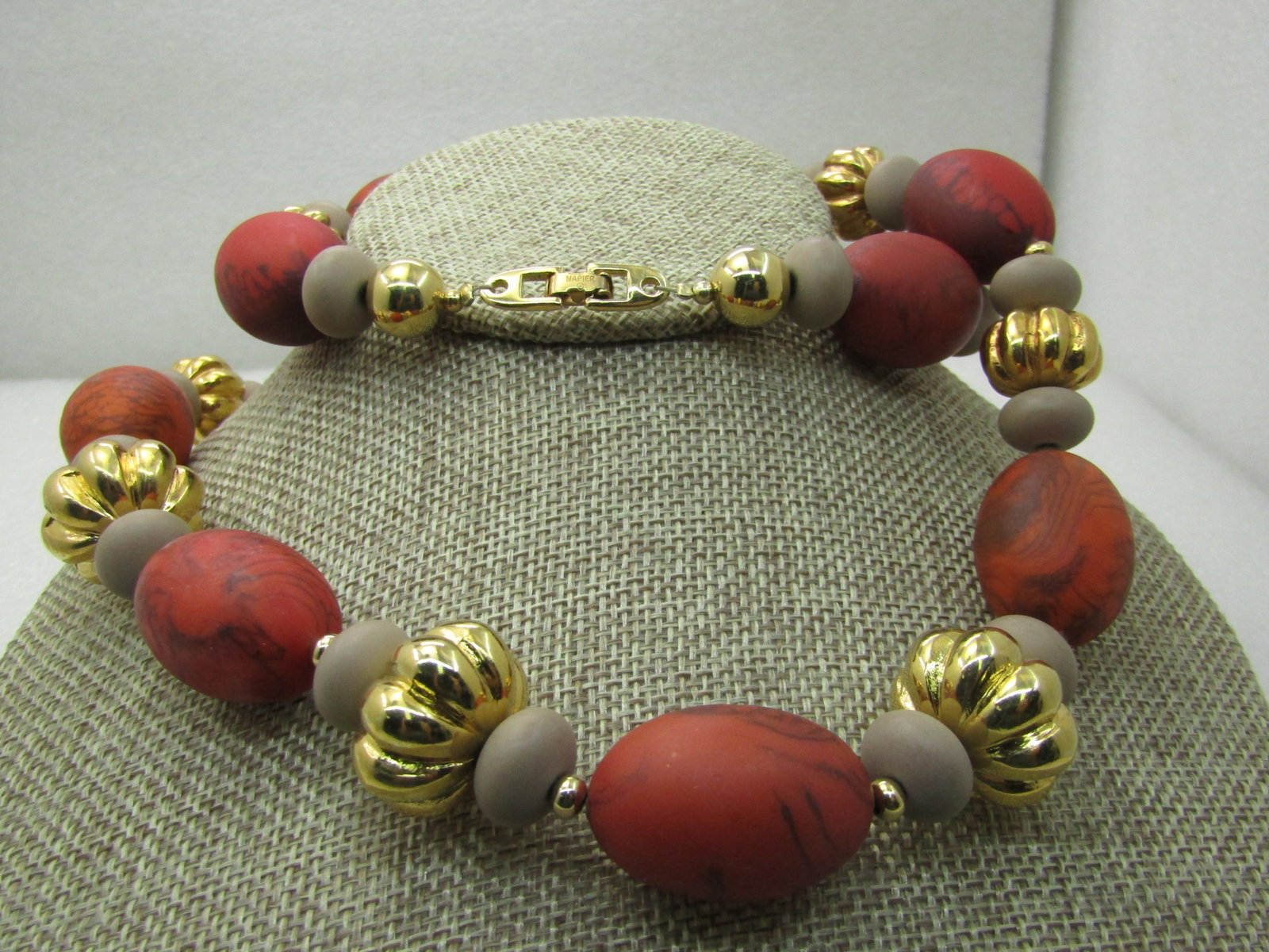 Vintage Costume Tribal Necklace, 30", Chunky, Gold, Salmon, Tan, Napier signed - 3