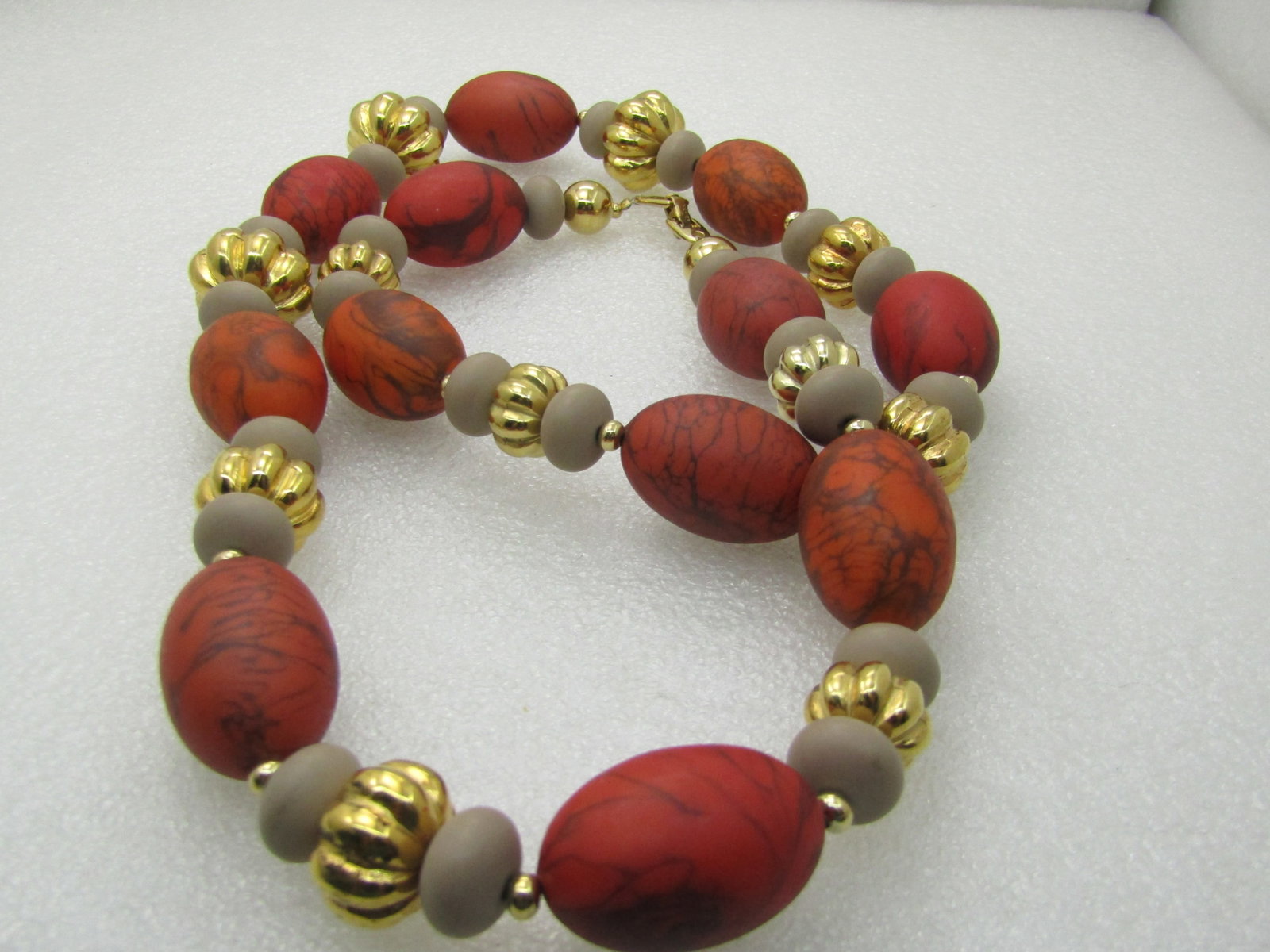 Vintage Costume Tribal Necklace, 30", Chunky, Gold, Salmon, Tan, Napier signed - 4