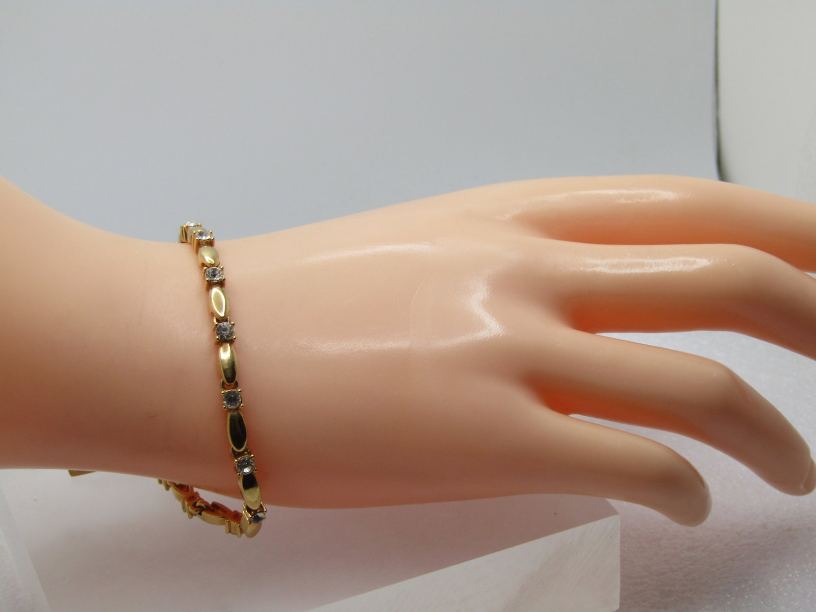 Vintage Gold Tone Rhinestone Tennis Bracelet, 7.25", 1980's - 7