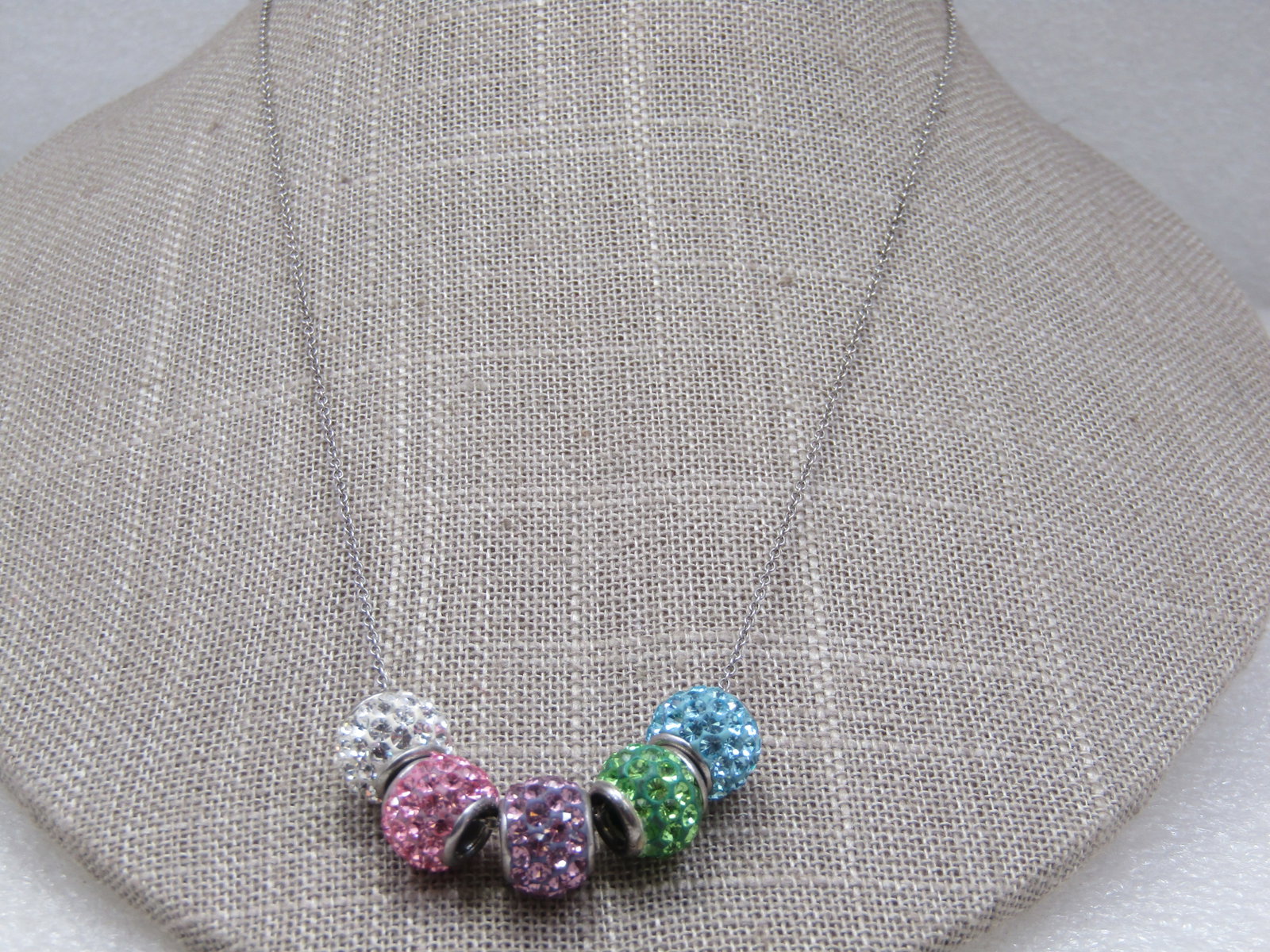 Vintage Pave Pastel CZ/Rhinestone Slide Bead Necklace, 18": Title: Vintage Pave Pastel CZ/Rhinestone Slide Bead Necklace, 18" Description: Vintage Pave Pastel CZ/Rhinestone Slide Bead Necklace, 18", signed SU and TH on the chain and the beads. The beads did