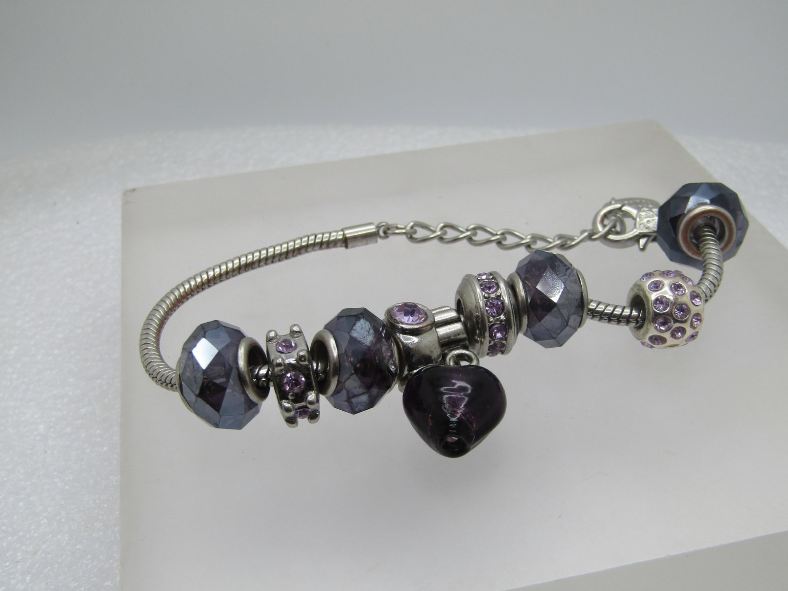 Purple Heart Beaded & Rhinestone Slide Bracelet, Charmed Feelings, 7"-8.5", 1980's-1990's - 2