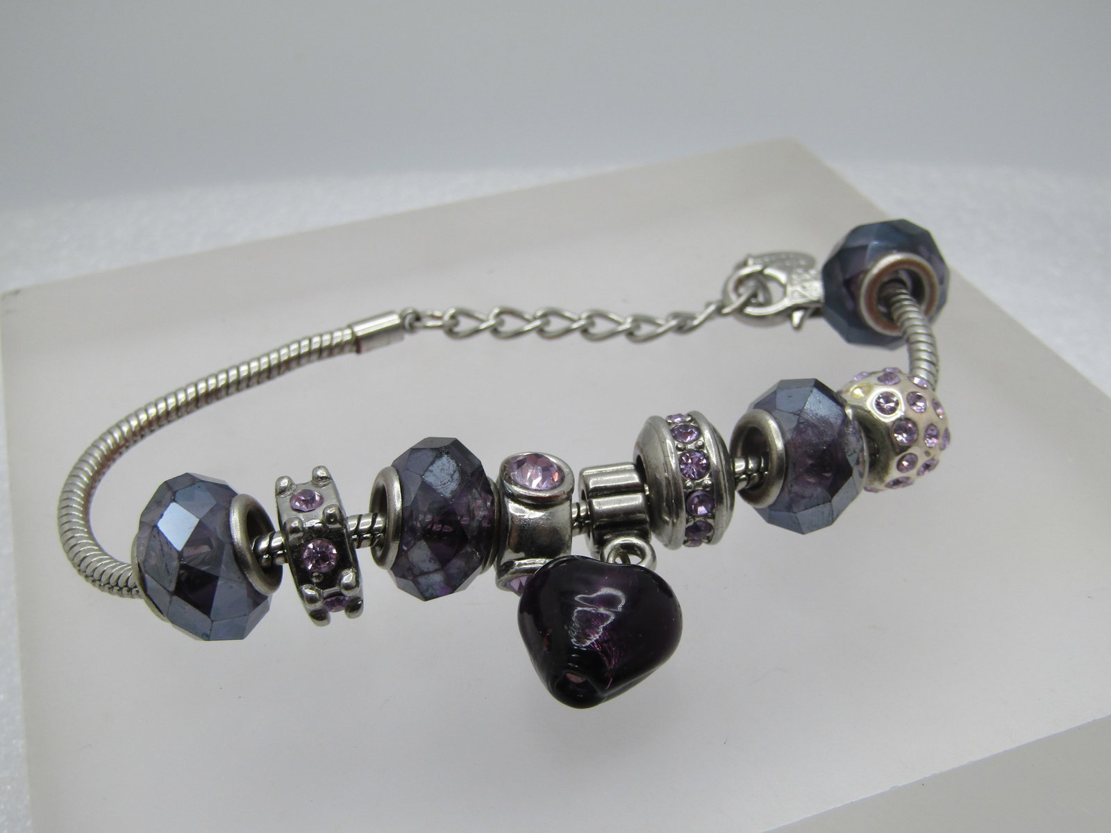 Purple Heart Beaded & Rhinestone Slide Bracelet, Charmed Feelings, 7"-8.5", 1980's-1990's - 3