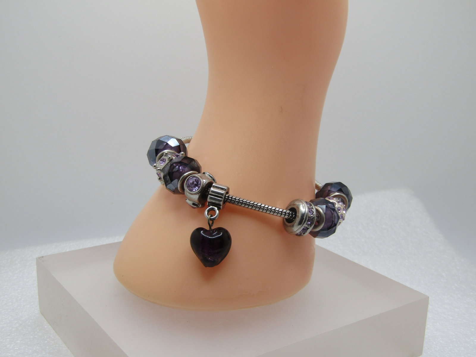 Purple Heart Beaded & Rhinestone Slide Bracelet, Charmed Feelings, 7"-8.5", 1980's-1990's - 5