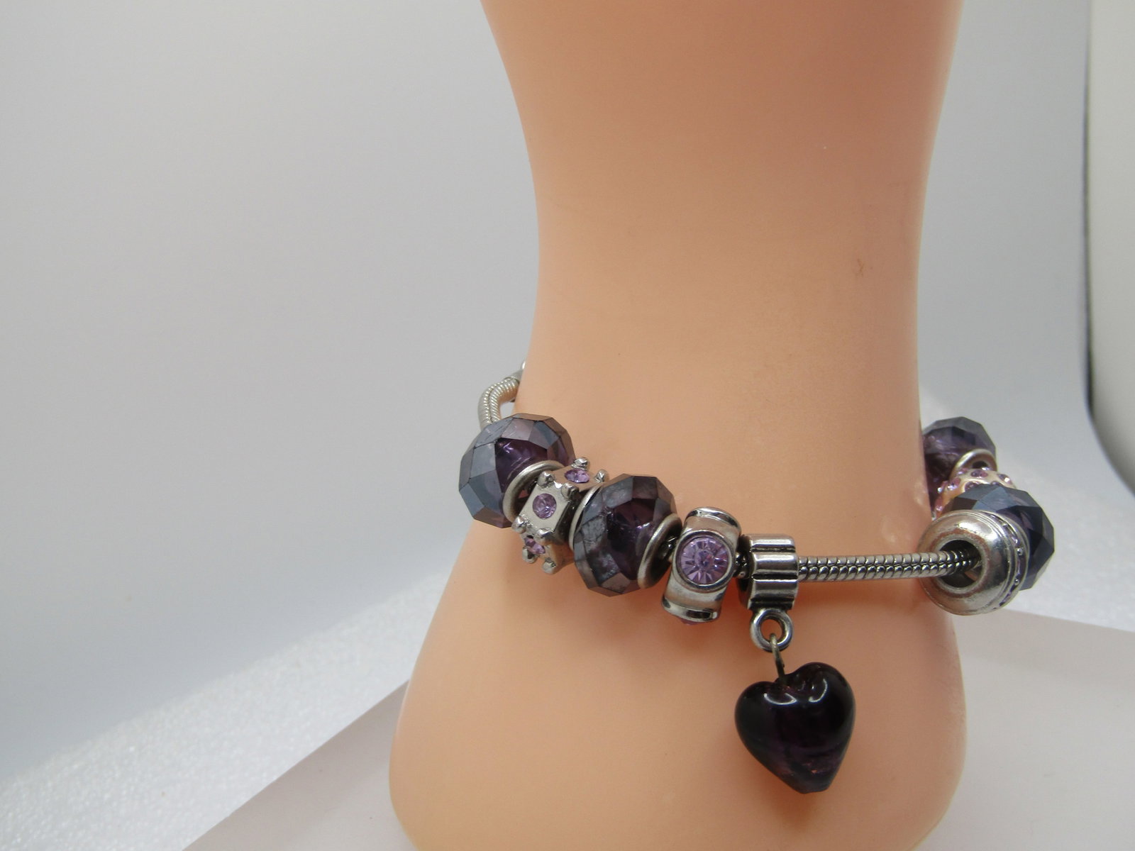 Purple Heart Beaded & Rhinestone Slide Bracelet, Charmed Feelings, 7"-8.5", 1980's-1990's - 6