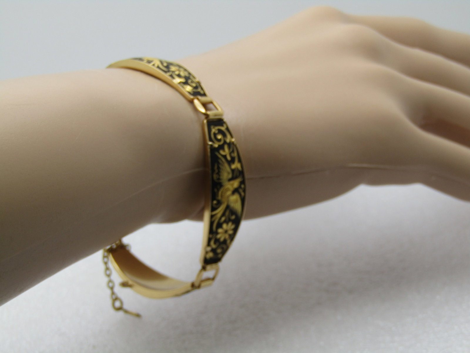 Vintage Damascene Bird & Floral Bracelet, 7", Signed, 1970's-1980's - 5
