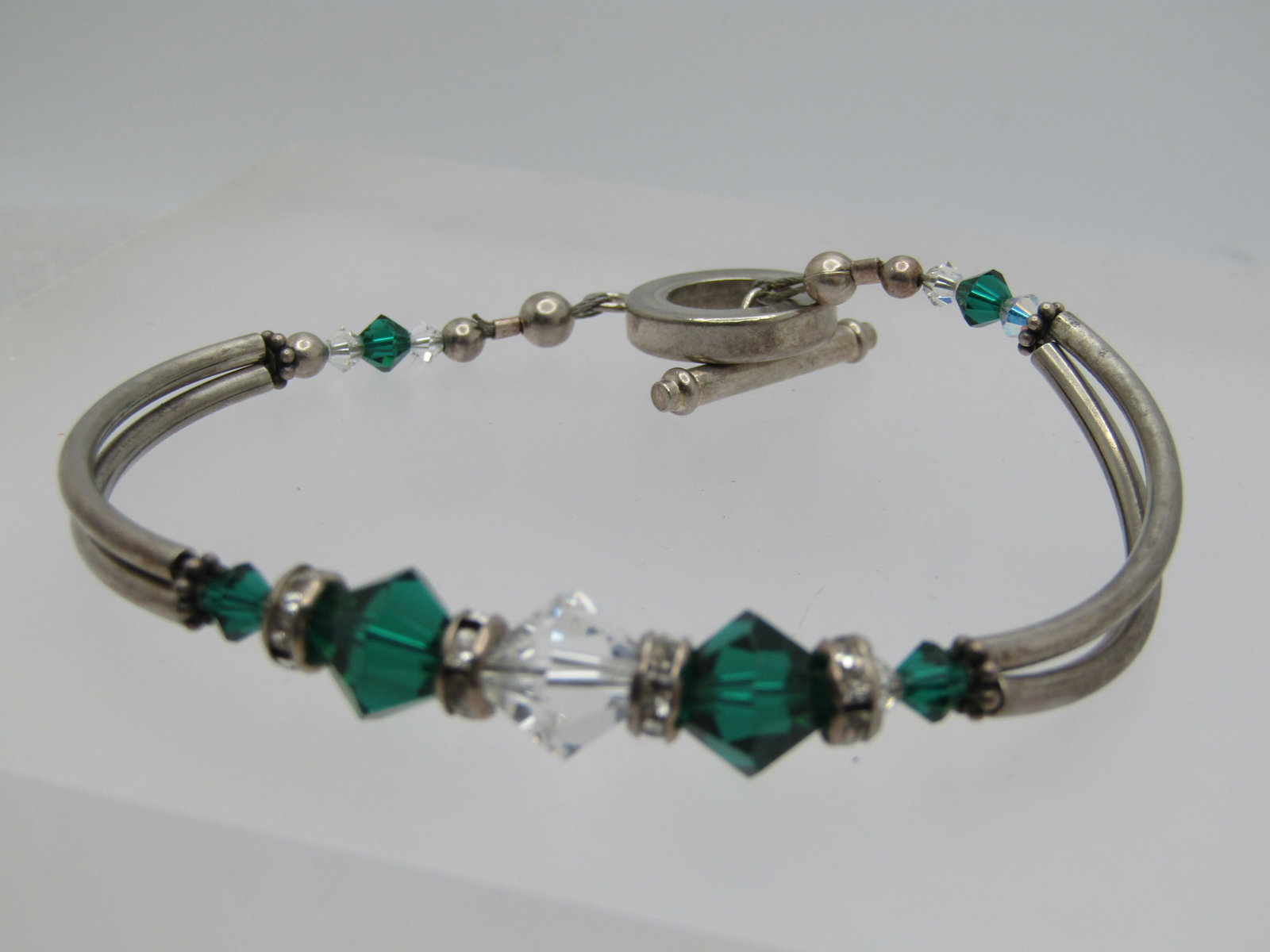 Vintage Emerald & Clear Crystal Bracelet, Toggle, 7.5", 1980's-1990's - 2