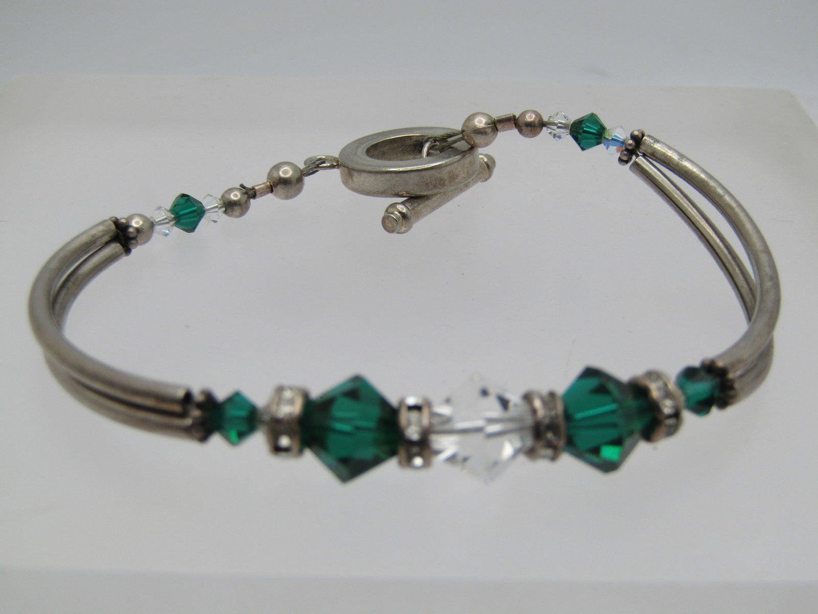 Vintage Emerald & Clear Crystal Bracelet, Toggle, 7.5", 1980's-1990's - 3