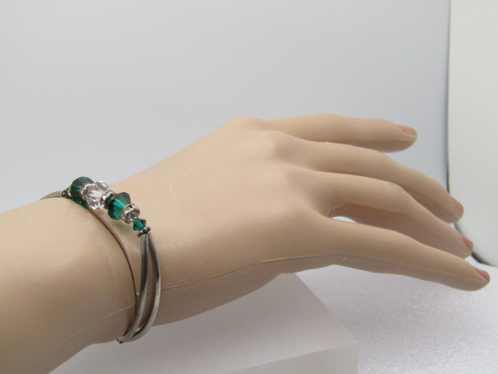 Vintage Emerald & Clear Crystal Bracelet, Toggle, 7.5", 1980's-1990's - 4