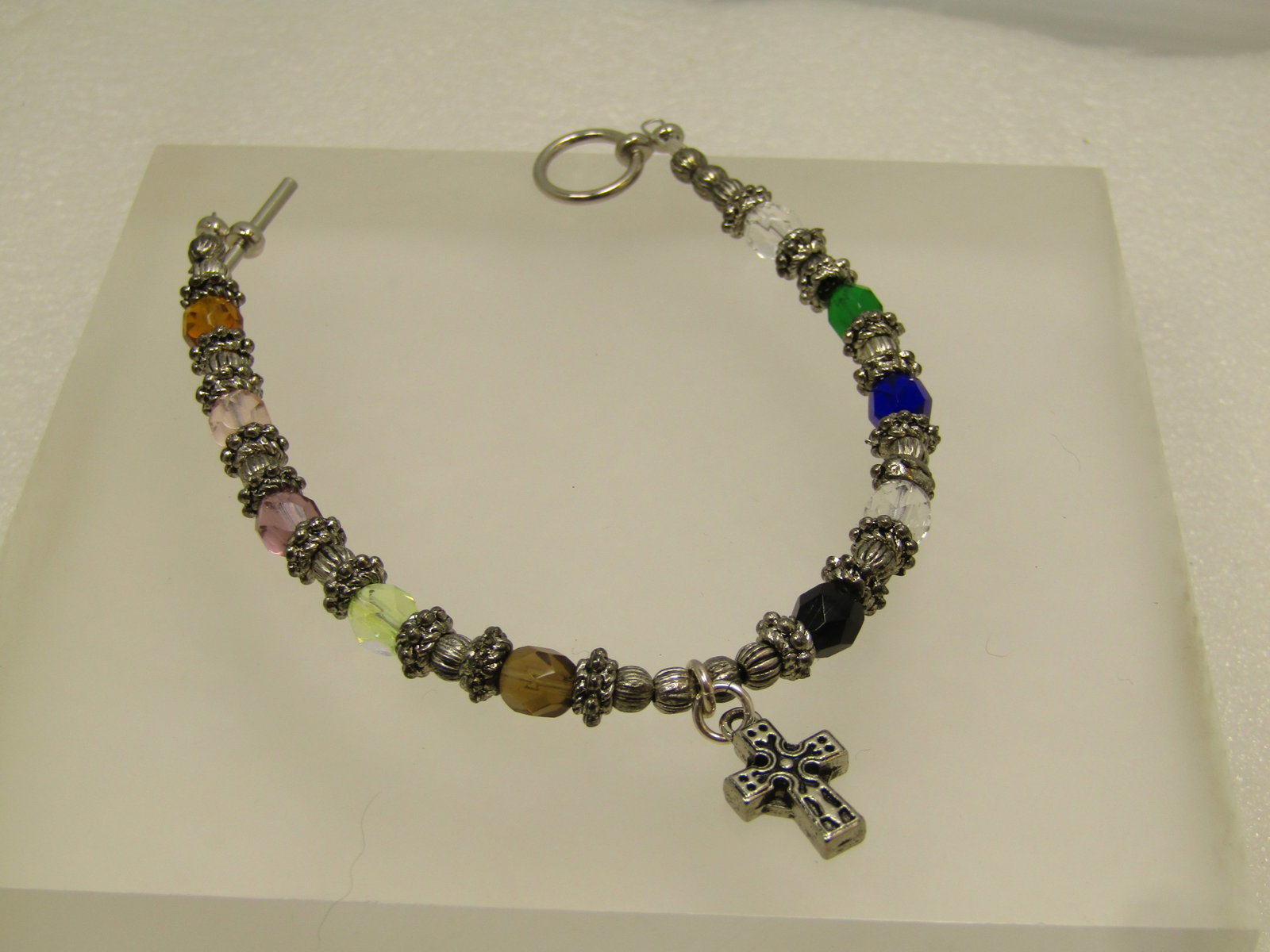 Vintage Glass Beaded Silver Tone Bracelet with Cross Charm, 8", Toggle Clasp, 1990's - 2