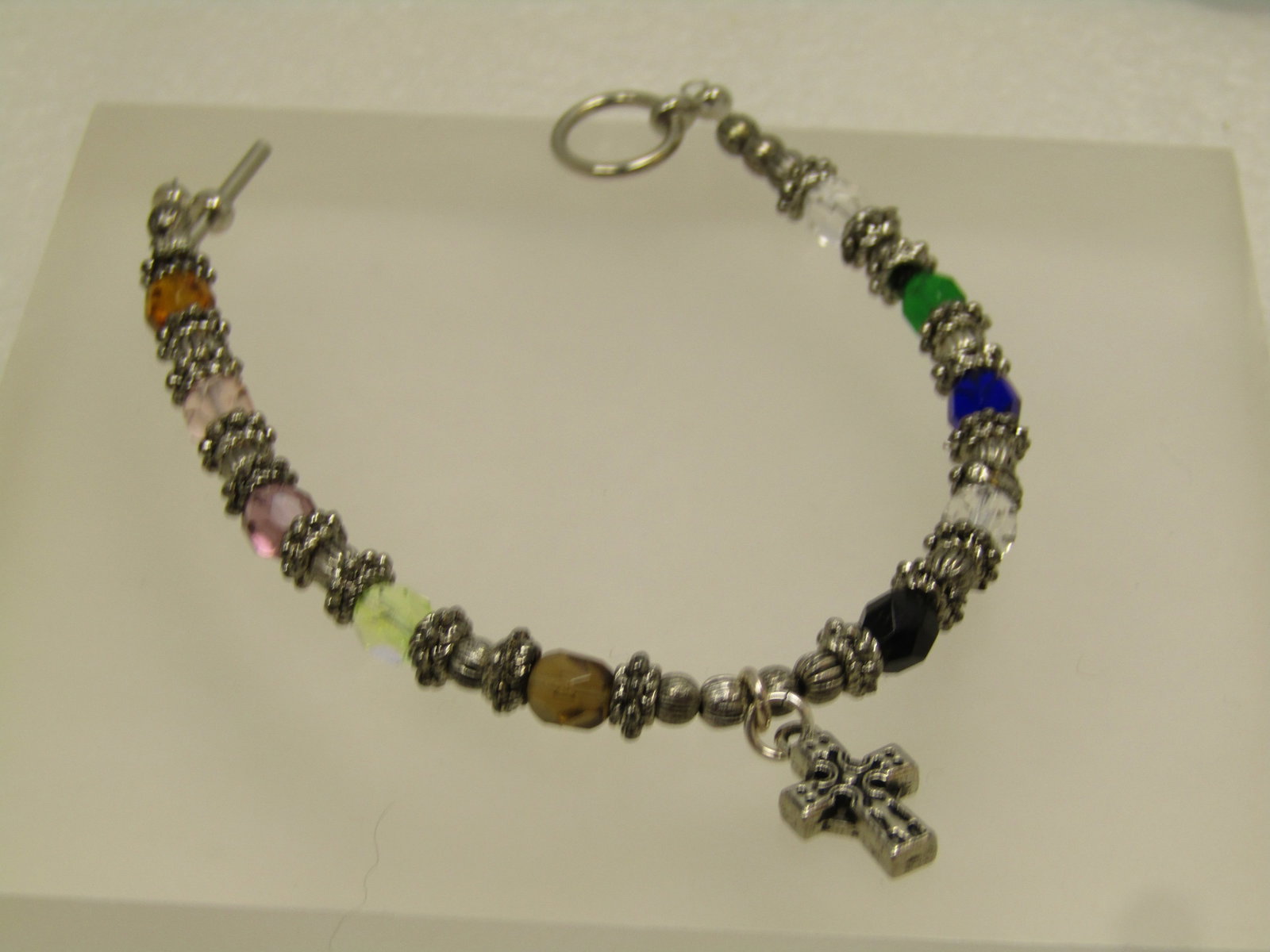 Vintage Glass Beaded Silver Tone Bracelet with Cross Charm, 8", Toggle Clasp, 1990's - 3