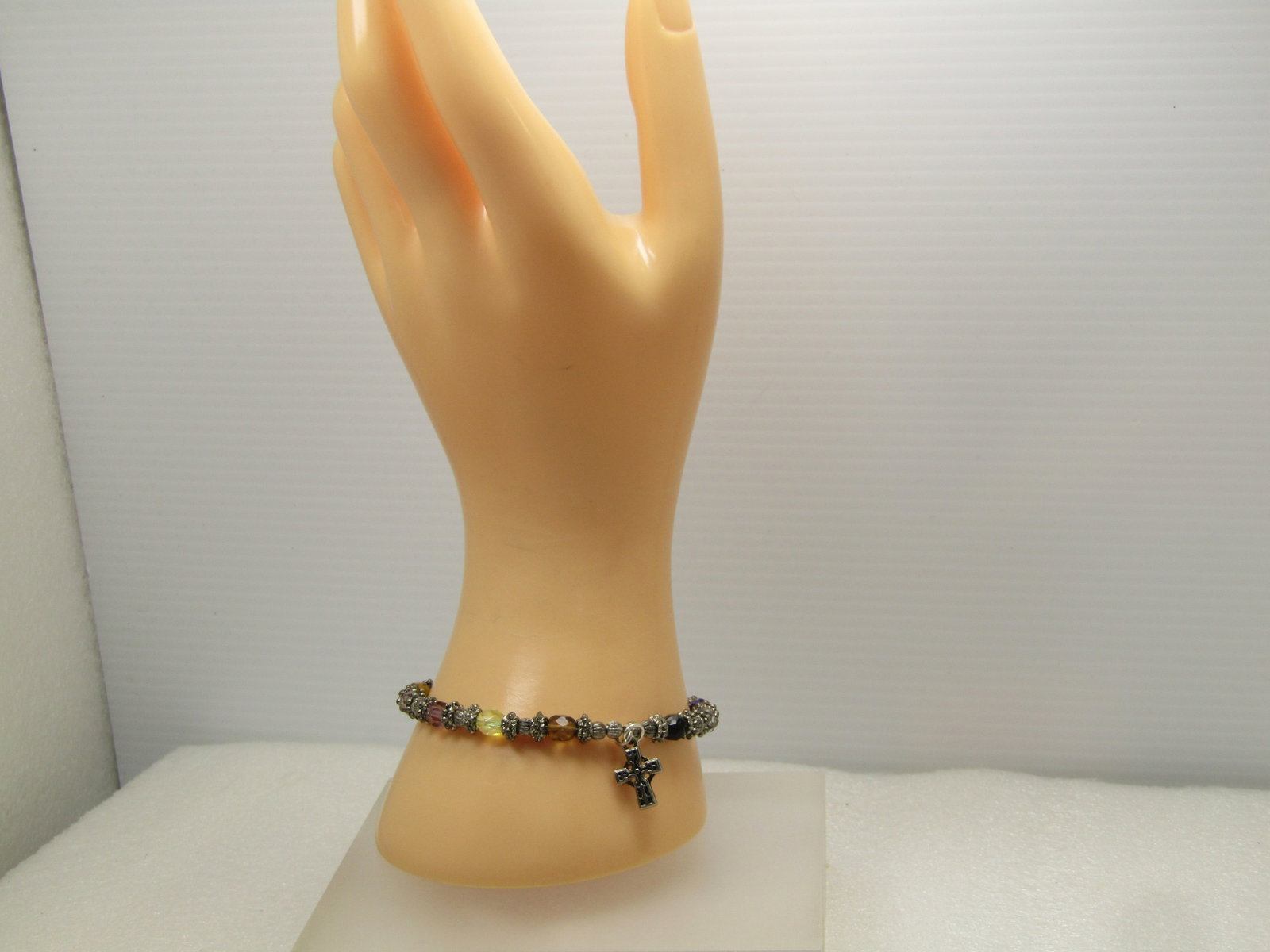 Vintage Glass Beaded Silver Tone Bracelet with Cross Charm, 8", Toggle Clasp, 1990's - 6