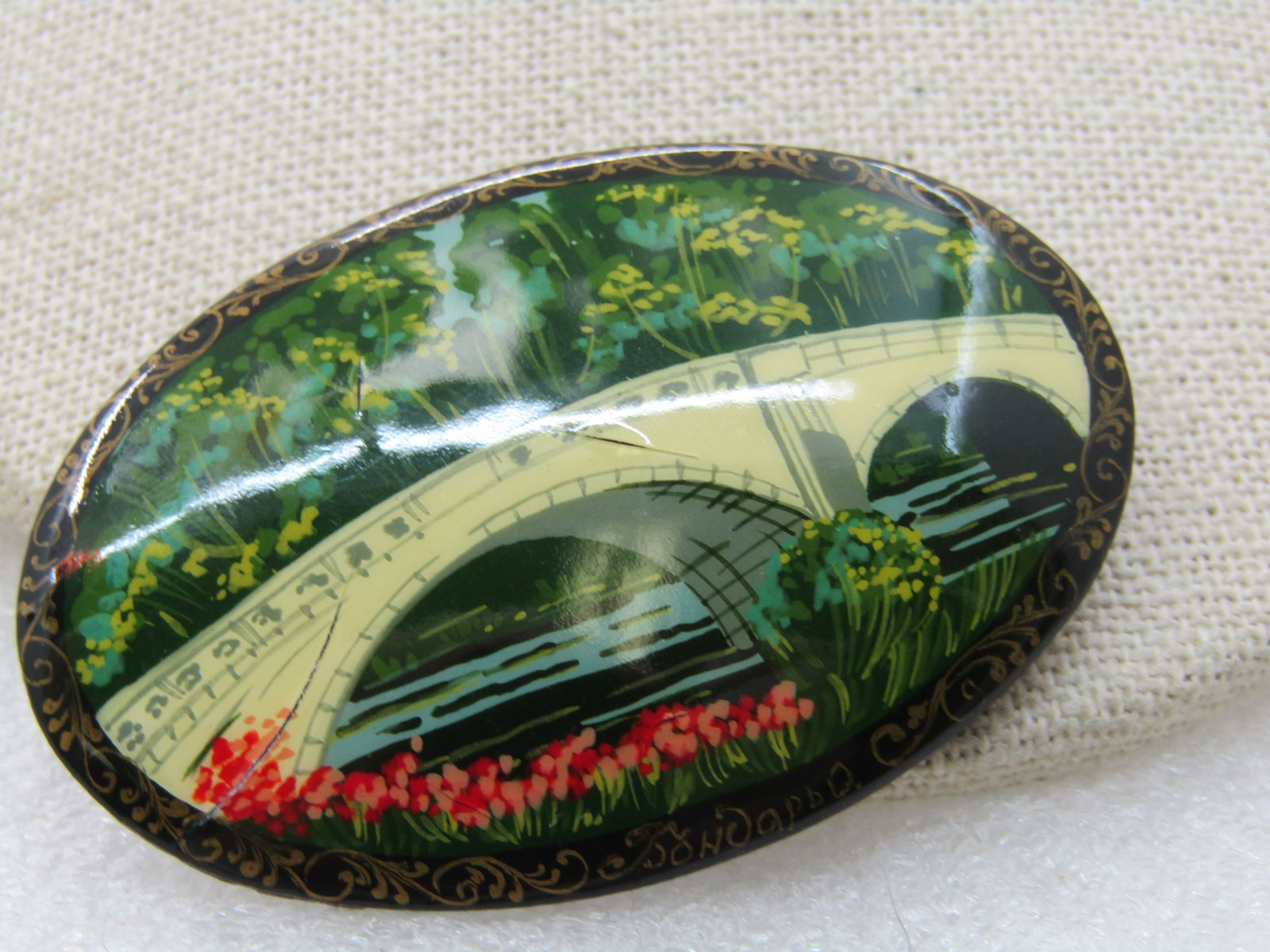 Vintage Russian Lacquered Bridge Scene Brooch, 2-1/3" Oval - 3