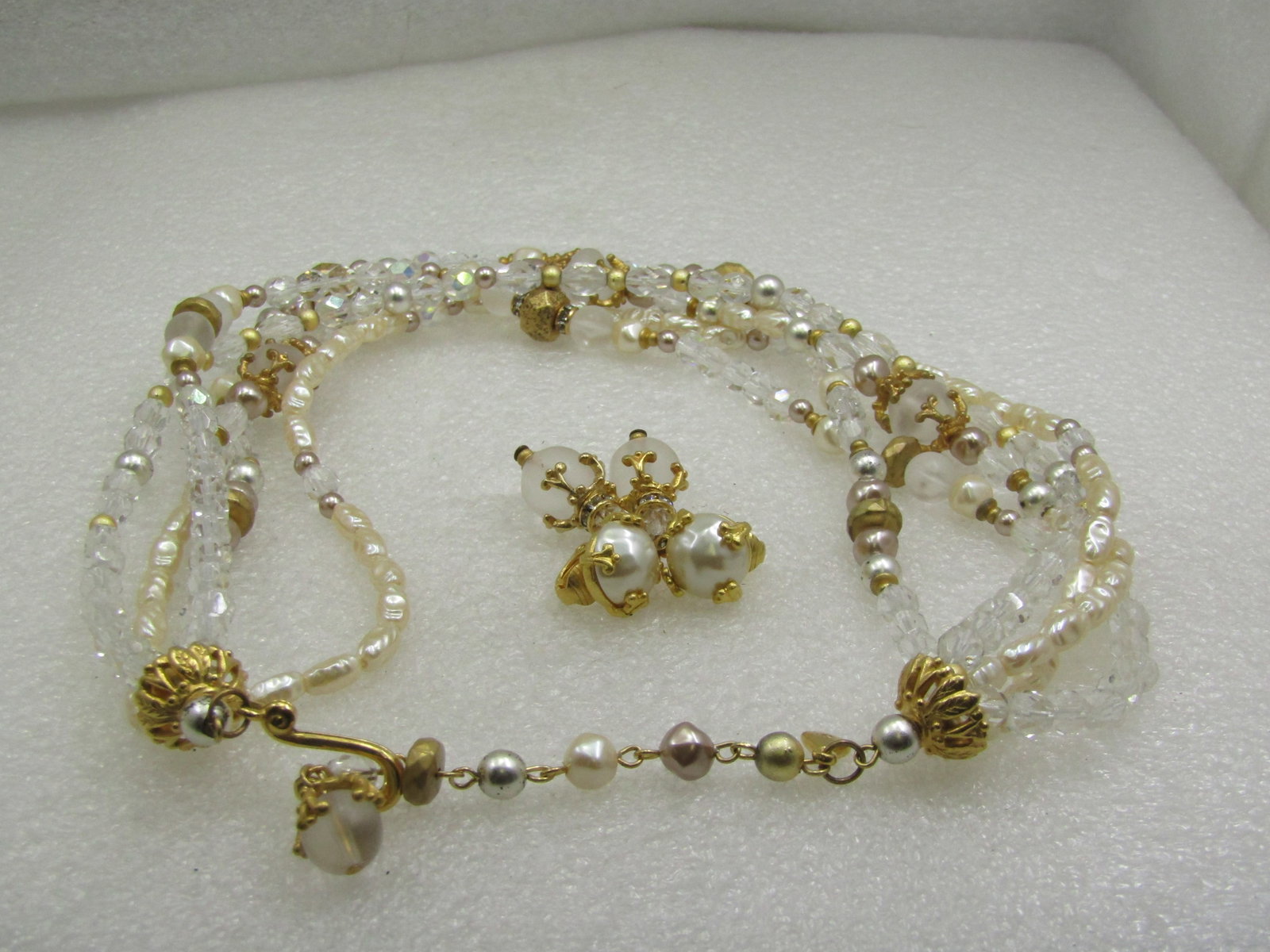 Vintage Liz Claiborne Faux Pearl, Gold Beaded Necklace & Earrings Set, Multi-Strand, 1980's - 5