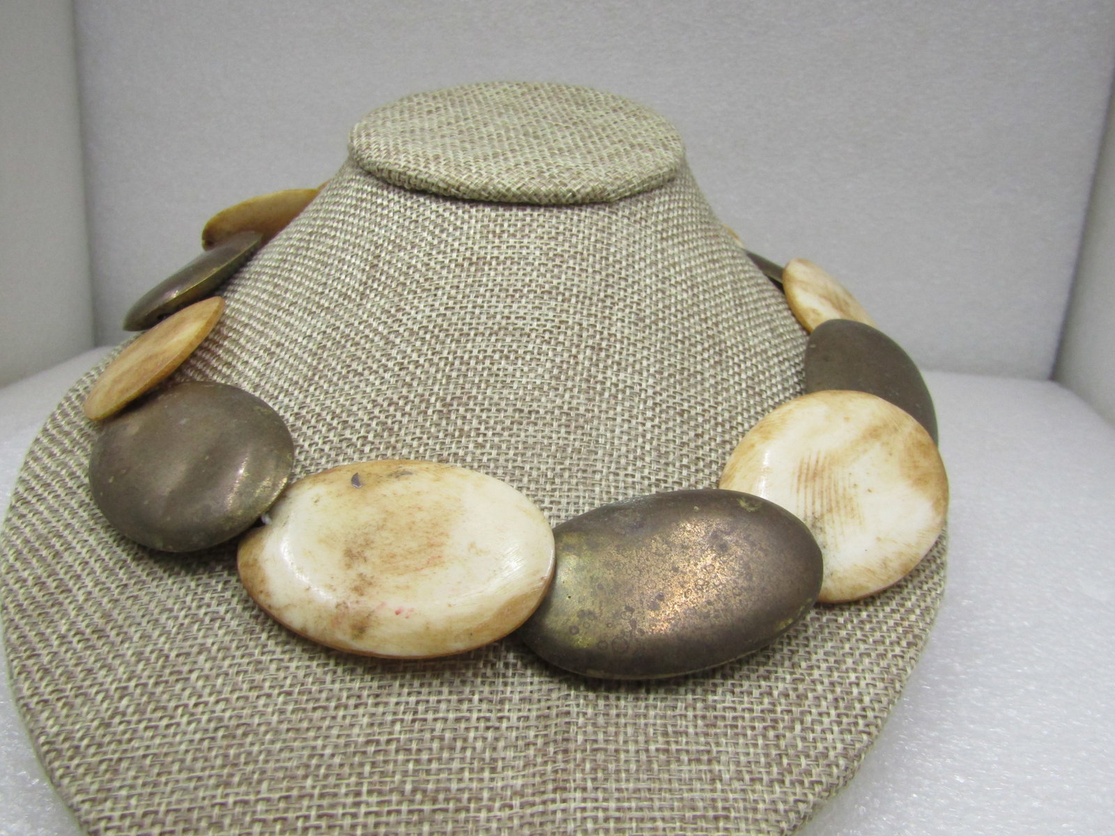Vintage Tribal Shell Brass graduated Necklace 27.5" - 6