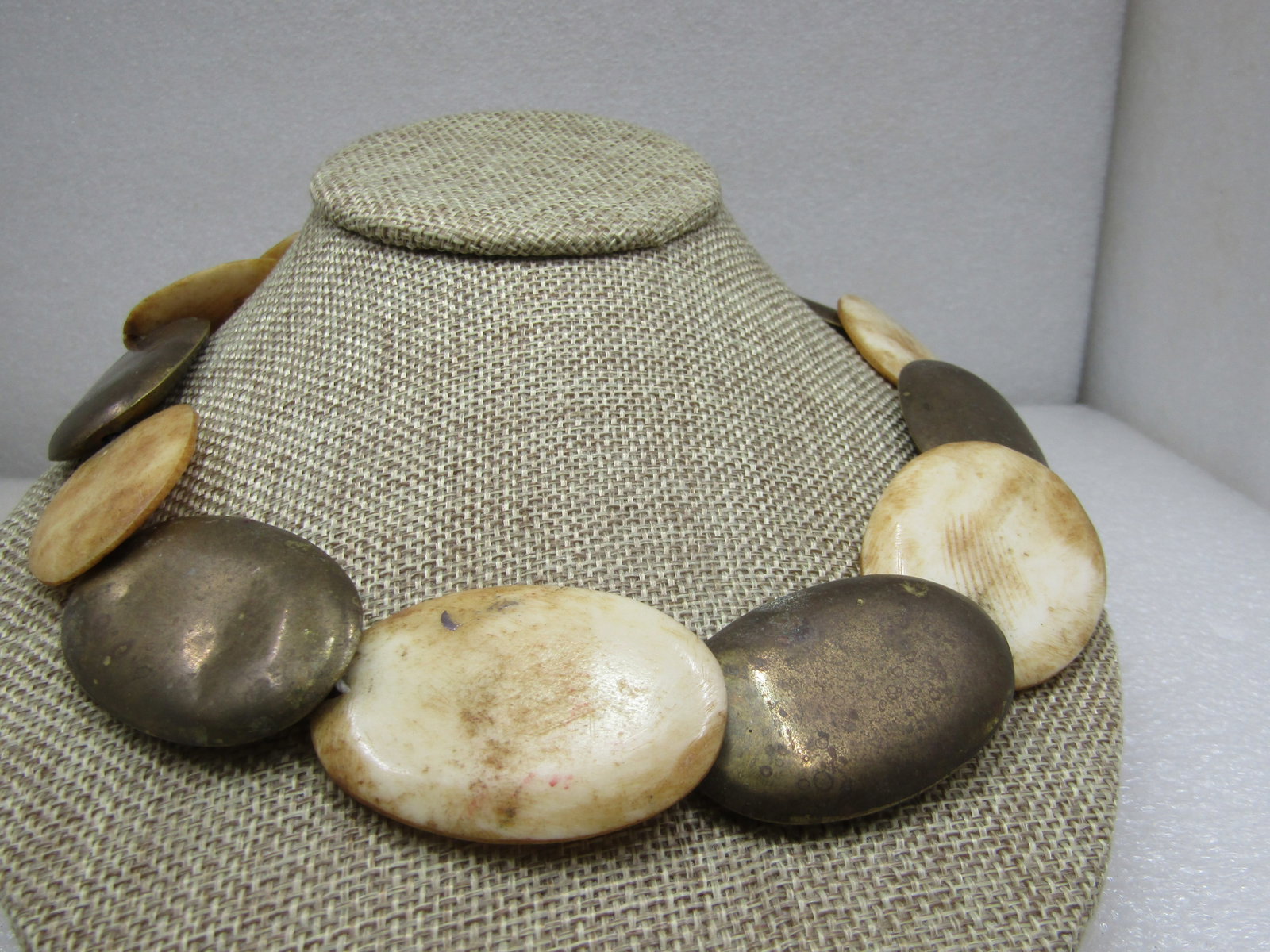 Vintage Tribal Shell Brass graduated Necklace 27.5" - 7