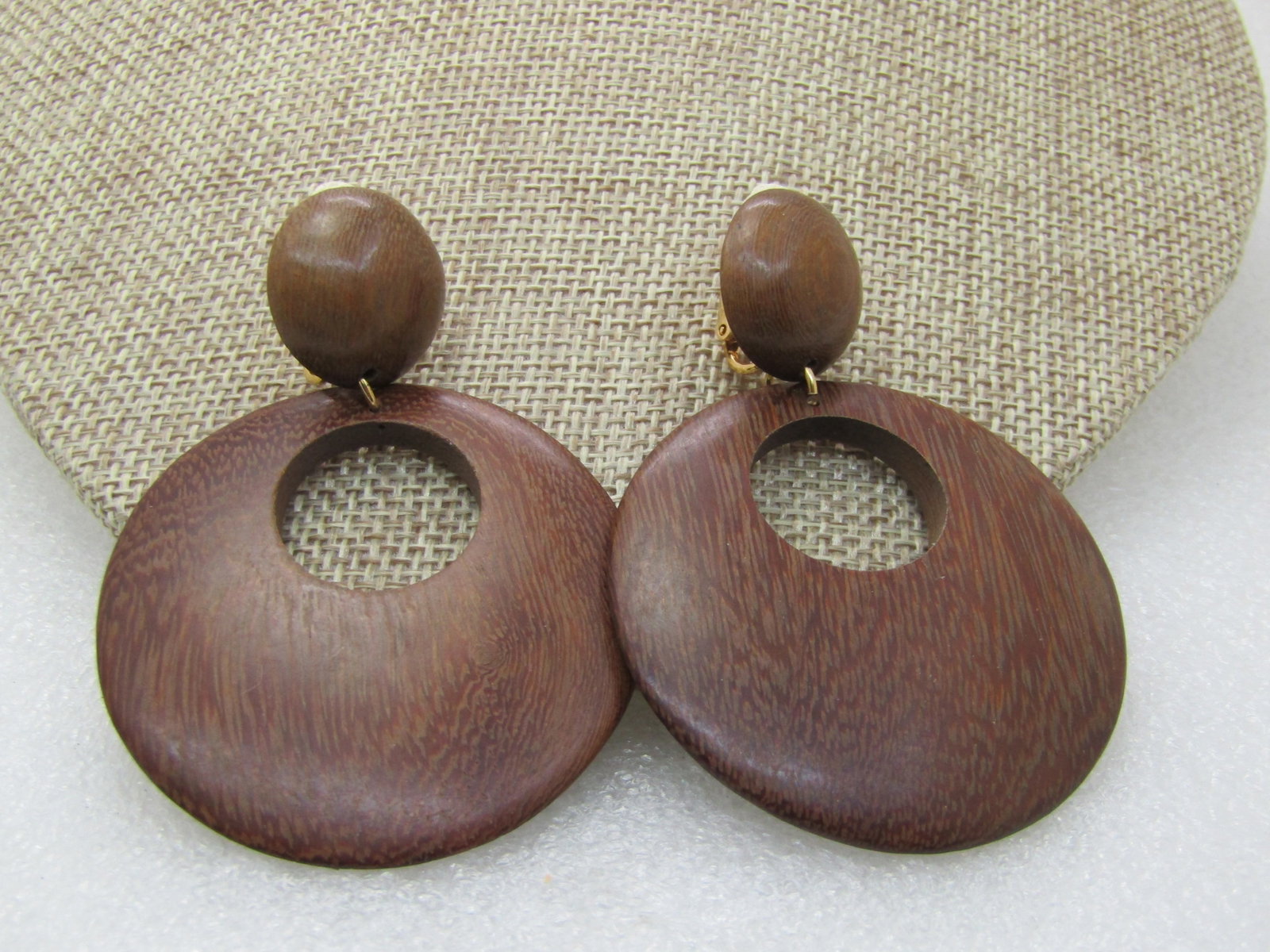 Vintage Wooden Tribal Style Stud & Dangle Clip Earring, 275", 1960's, 1970's.: Title: Vintage Wooden Tribal Style Stud & Dangle Clip Earring, 275", 1960's, 1970's. Description: Vintage Wooden Tribal Style Stud & Dangle Clip Earring, 2.75" long and 2" wide with an opn circle at