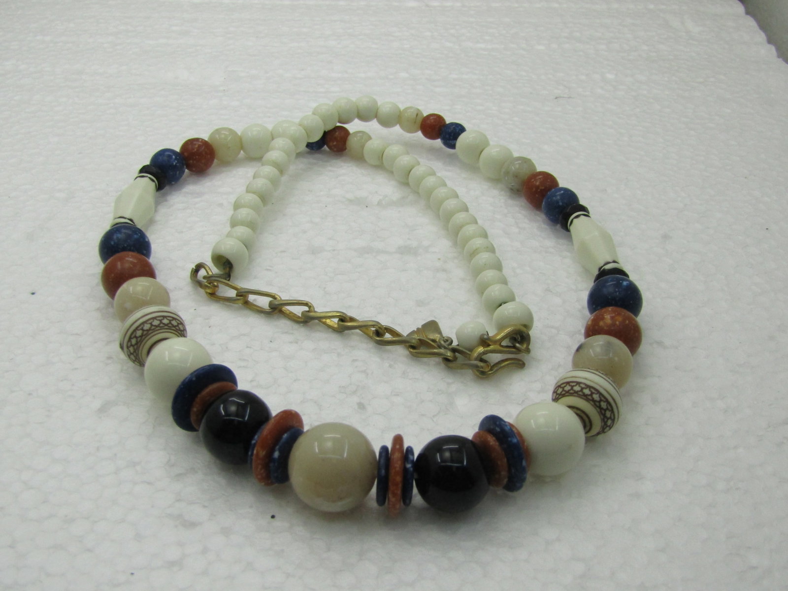 Vintage Liz Claiborne Beaded Necklace, Brown, White, Tan, 24", 1980's (1 of 5)