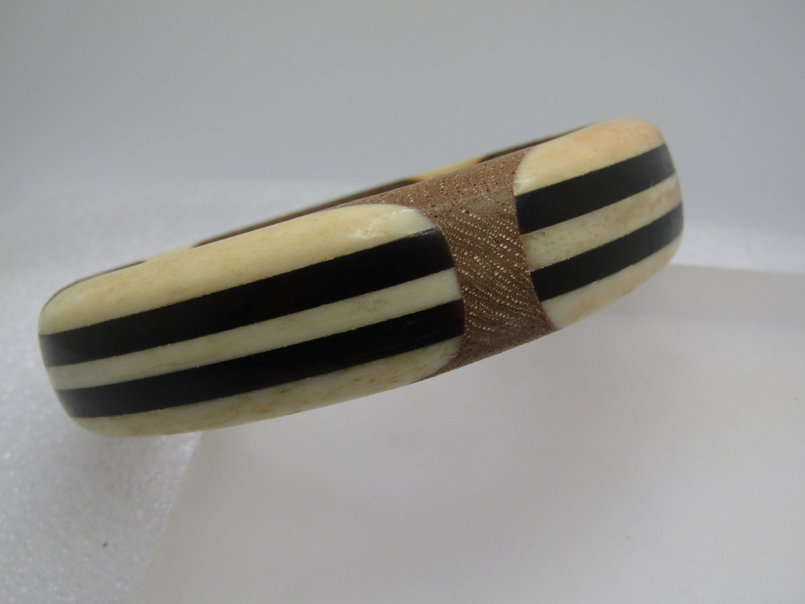 Vintage Wood and Bone & Black Banded Bangle Bracelet, 7.5", 1960's-1970's - 3