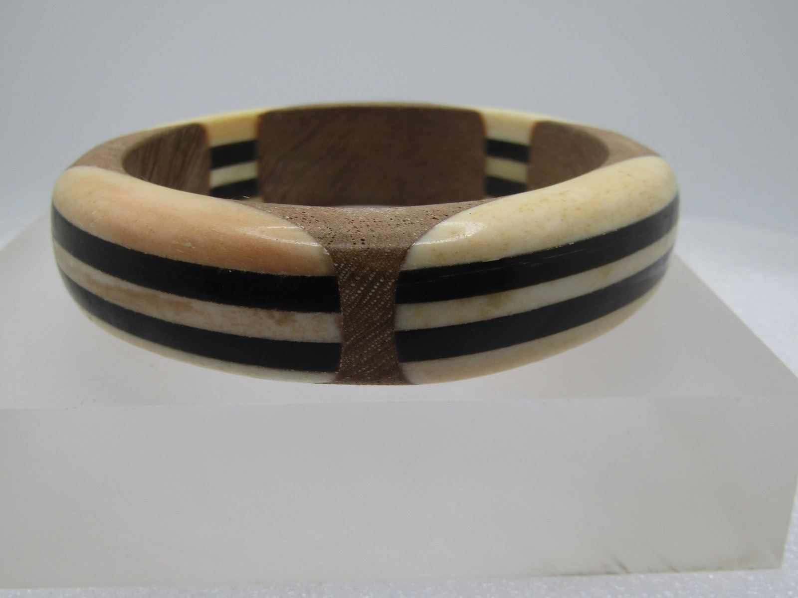 Vintage Wood and Bone & Black Banded Bangle Bracelet, 7.5", 1960's-1970's - 4