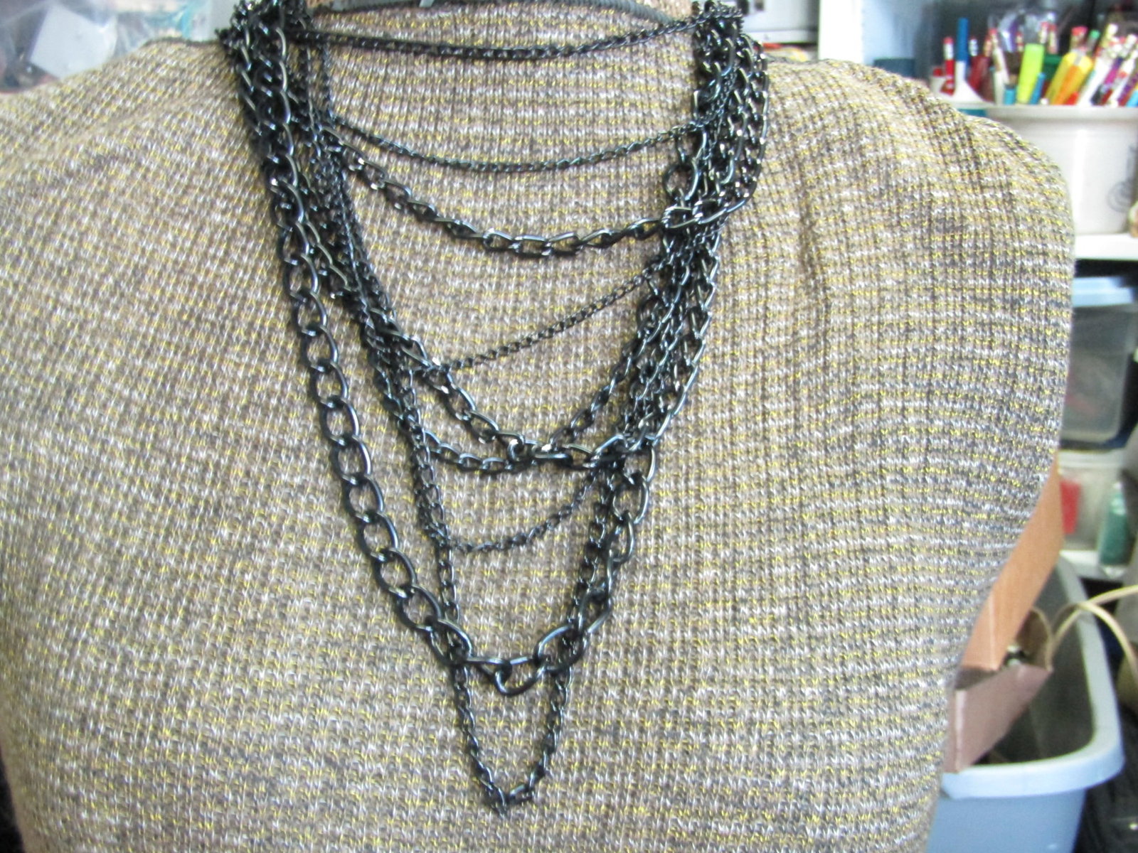 Vintage Black Enameled 9 Strand Necklace, 22", Lobster Clasp. 1980's.: Title: Vintage Black Enameled 9 Strand Necklace, 22", Lobster Clasp. 1980's. Description: Vintage Black Enameled 9 Strand Necklace, 22", Lobster Clasp. 1980's. Not signed by the maker. Very good