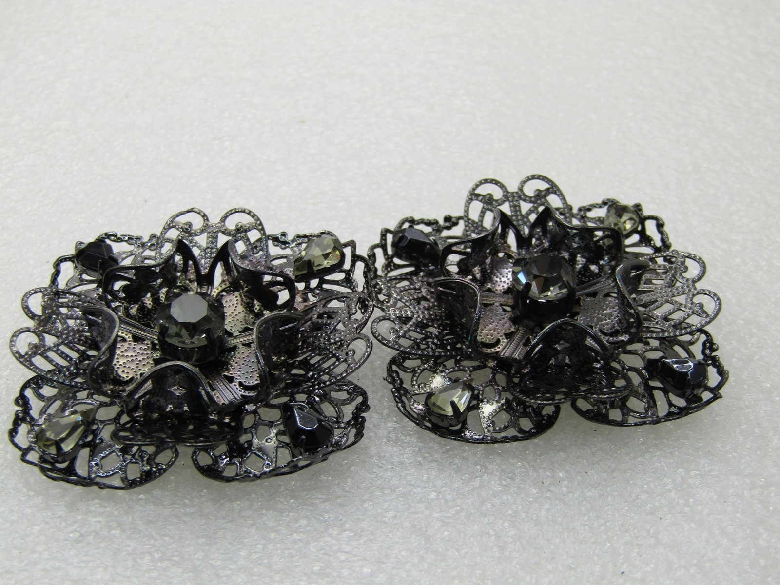 Pair Black Metal Filigree Rhinestone Brooches, Square, Smoky Stones, 1.75" - 3