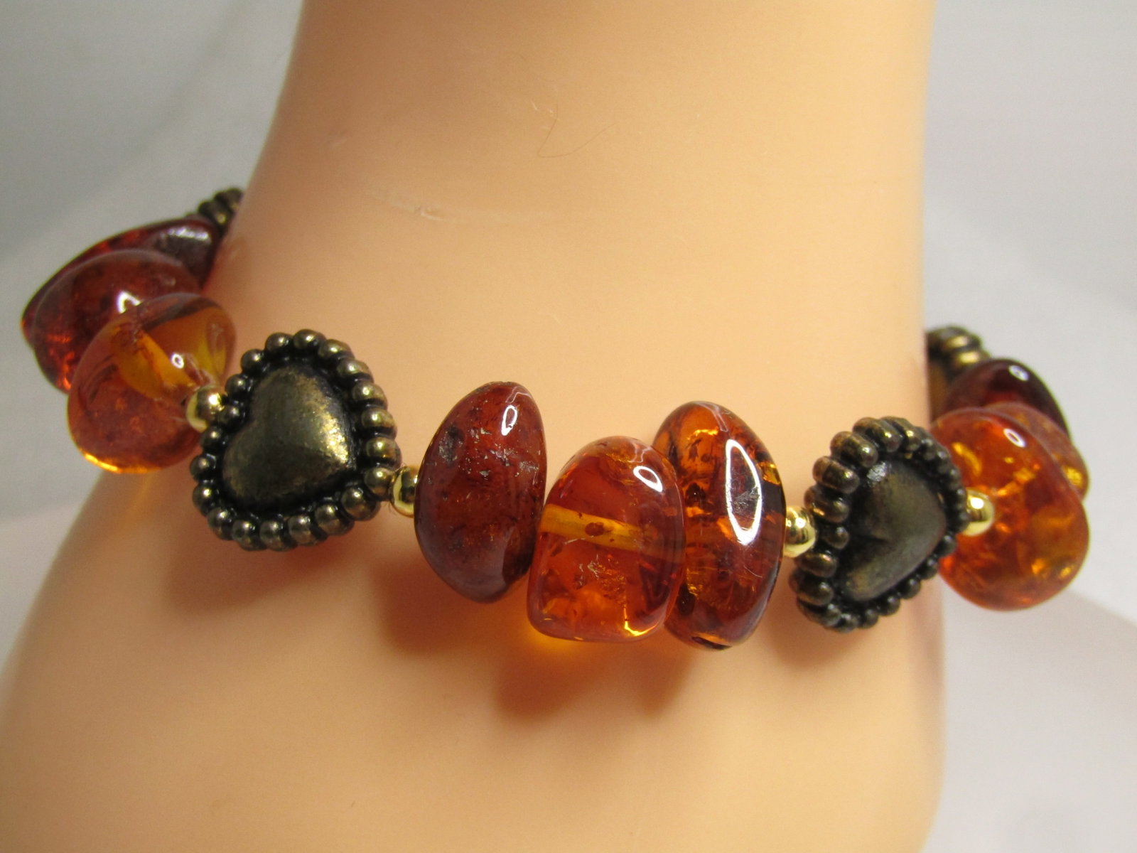 Amber Nugget Heart Stretch Bracelet, 6.75"+, 1990's - 2