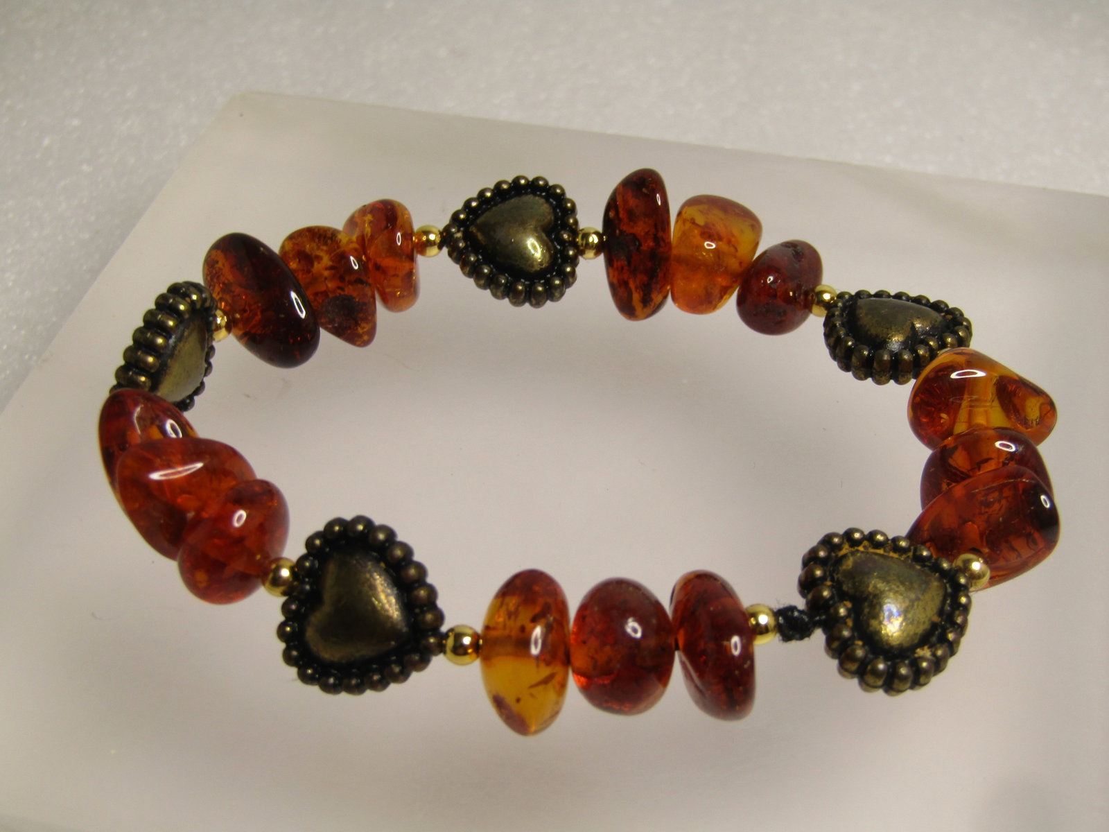 Amber Nugget Heart Stretch Bracelet, 6.75"+, 1990's - 5