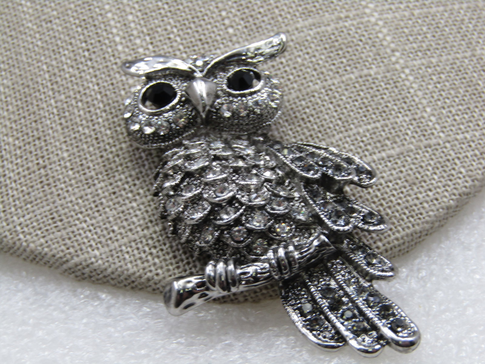 Owl Brooch, Black & Smoky Rhinestone, Silver Tone 2.25" (1 of 6)