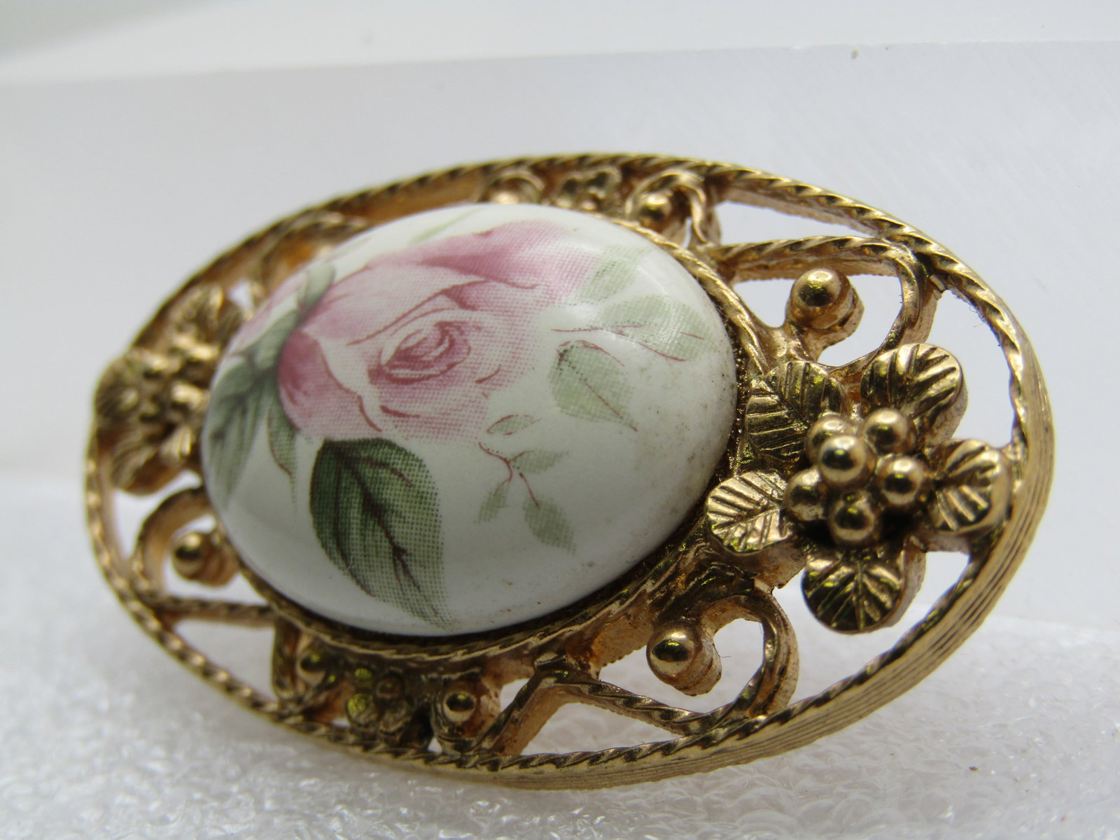 Vintage Ceramic/Porcelain Rose Brooch, 1960's-1970's, 1-7/8" - 2