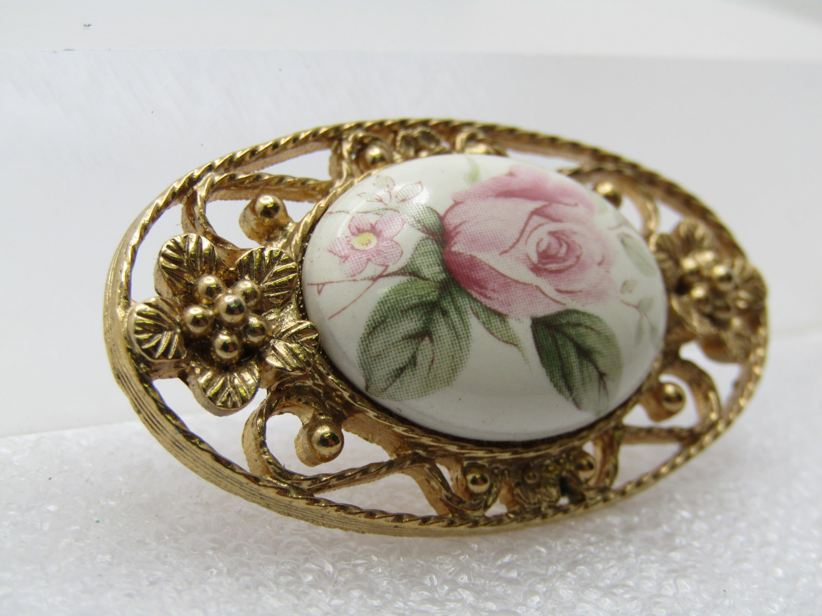 Vintage Ceramic/Porcelain Rose Brooch, 1960's-1970's, 1-7/8" - 3