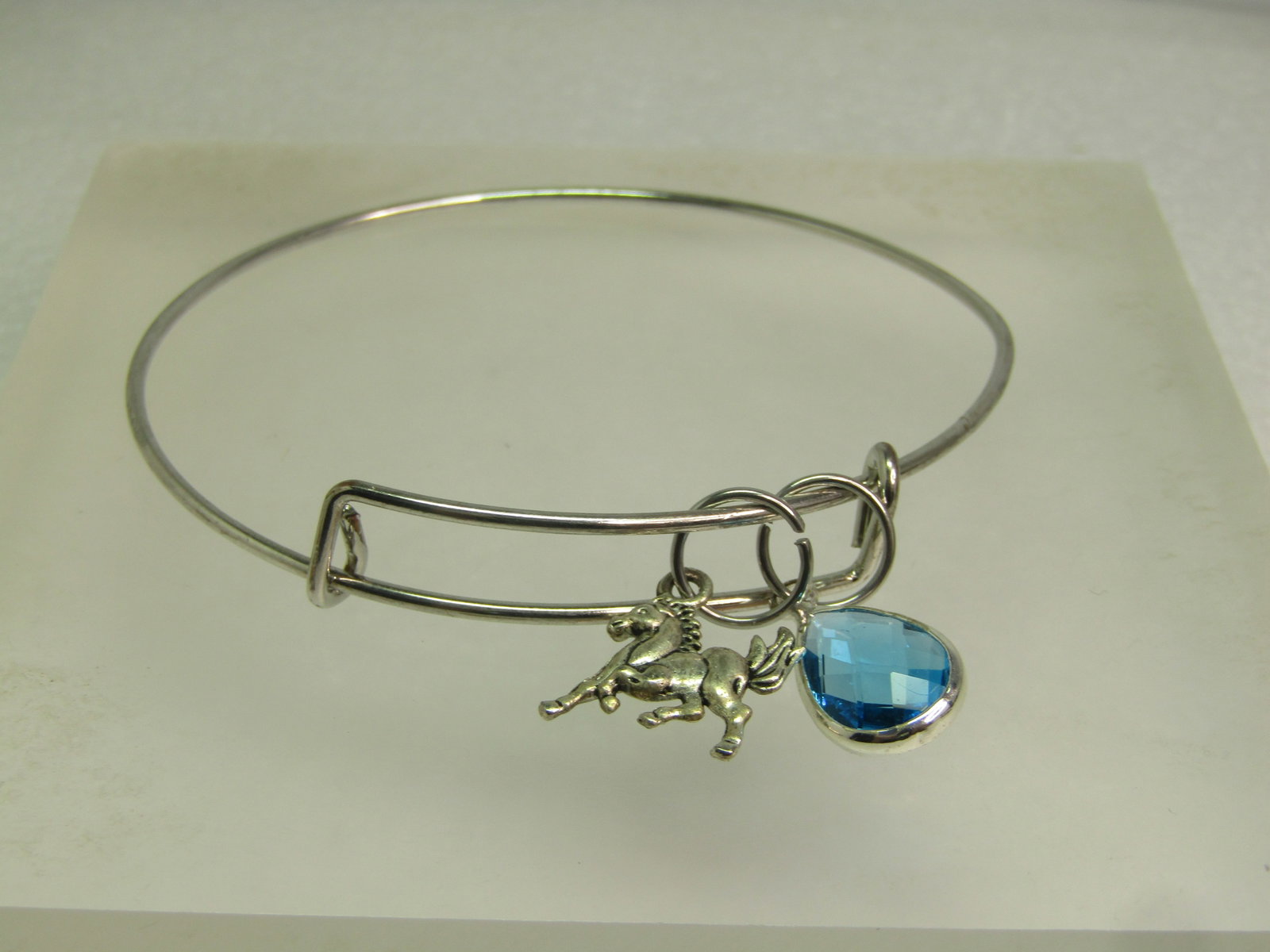 Vintage Silver Tone Slide Bracelet, Horse & Blue Glass Tone Slide Charms, 8", 1980's-1990's (1 of 6)