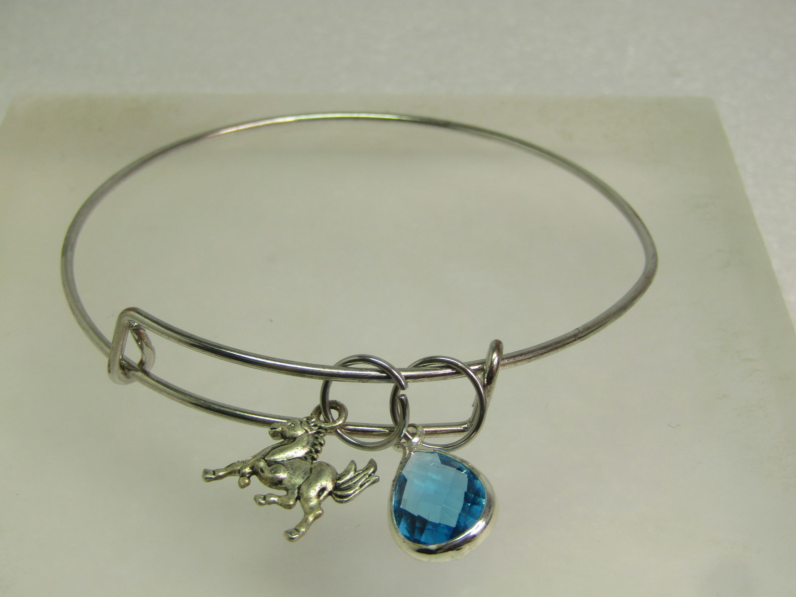 Vintage Silver Tone Slide Bracelet, Horse & Blue Glass Tone Slide Charms, 8", 1980's-1990's - 2