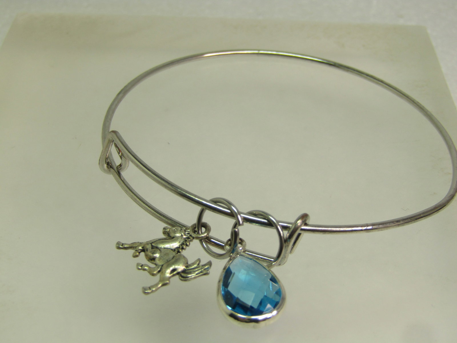 Vintage Silver Tone Slide Bracelet, Horse & Blue Glass Tone Slide Charms, 8", 1980's-1990's - 3