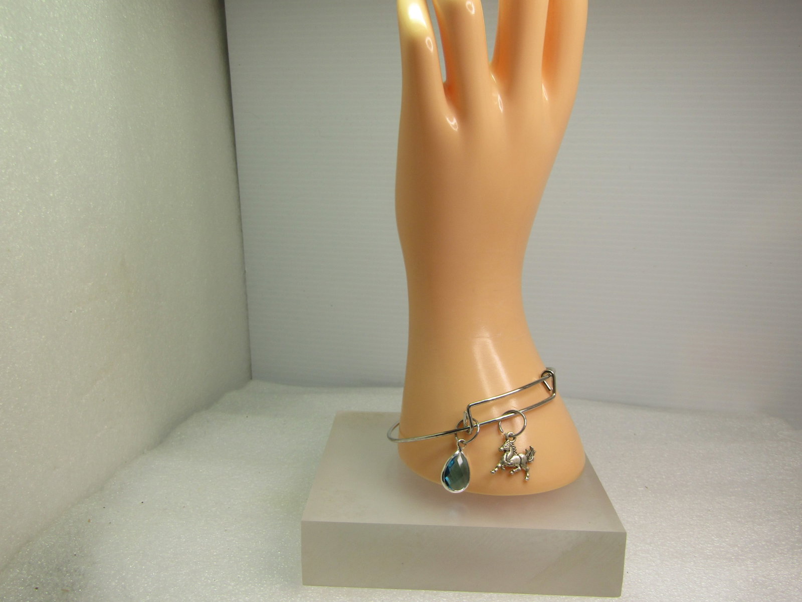 Vintage Silver Tone Slide Bracelet, Horse & Blue Glass Tone Slide Charms, 8", 1980's-1990's - 6